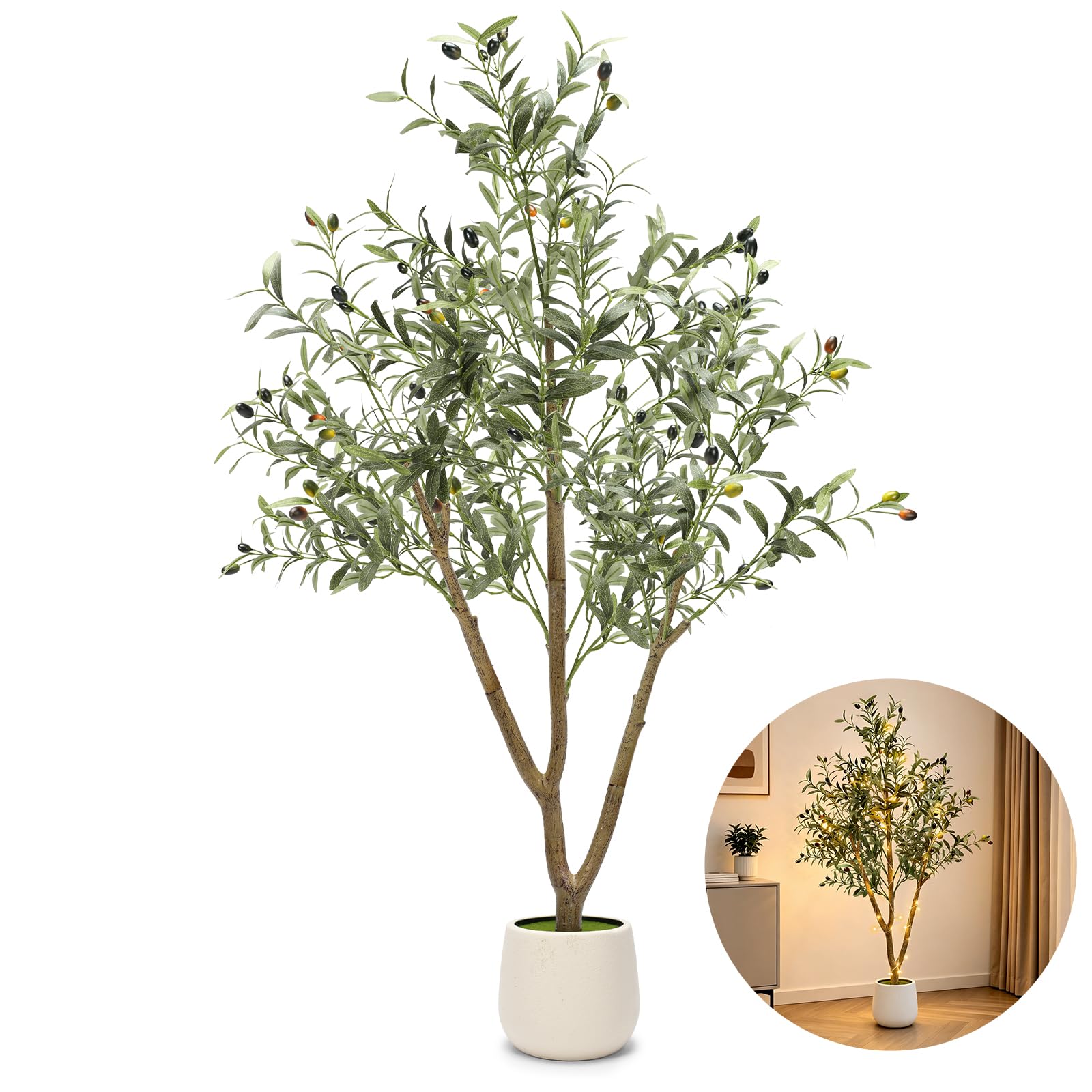 Photo 1 of TNELTUEB Olive Trees Artificial Indoor: 5FT Fake Tree with Lights & Planter, Realistic Faux Olive Tree with Lifelike Fruits for Living Room Decor, Fake Silk Plants for Modern Home Office