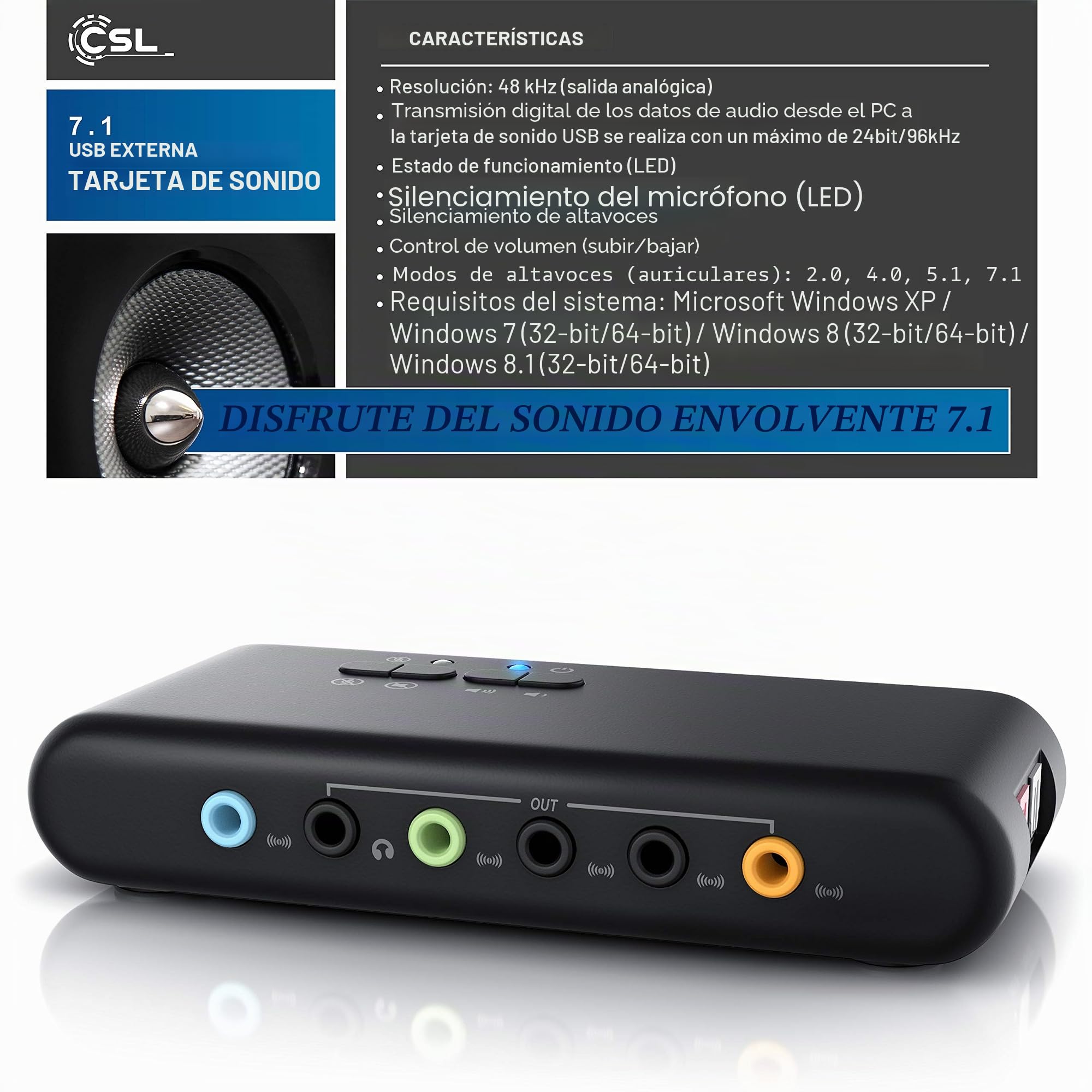 CSL - Tarjeta de Sonido USB 7.1 Externa 8 Canales - Canal 7.1 USB Soundbox - Dynamic 3D Surround Sound - para hasta 8 Altavoces - grabación reproducción simultánea - para Audio analógicos y Digitales
