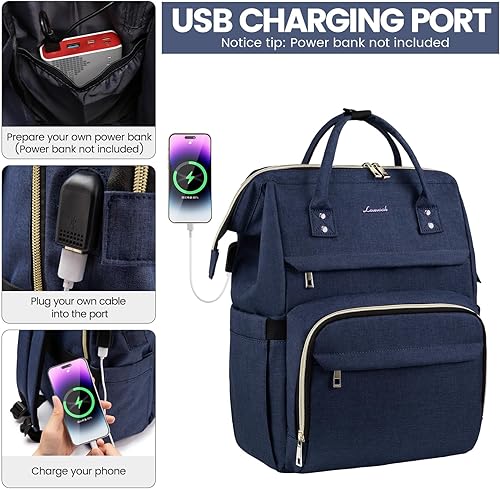 Miniatura 3 de LOVEVOOK Mochila para computadora portátil para mujer, bolsas de viaje de moda, bolsa de trabajo con puerto USB, Azul oscuro, Classic