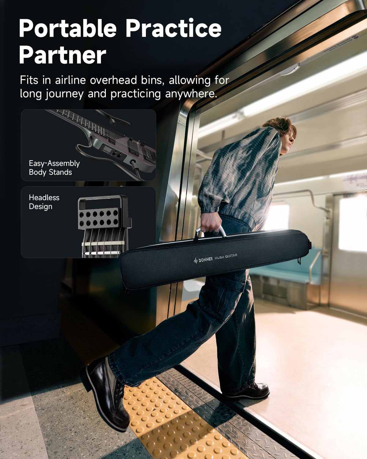 Donner HUSH X PRO E-Gitarren-Kit – Intelligente Reisegitarre mit Dutzenden voreingestellter Kombinationen, 7 Tone Sim Optionen, Midnight Glow