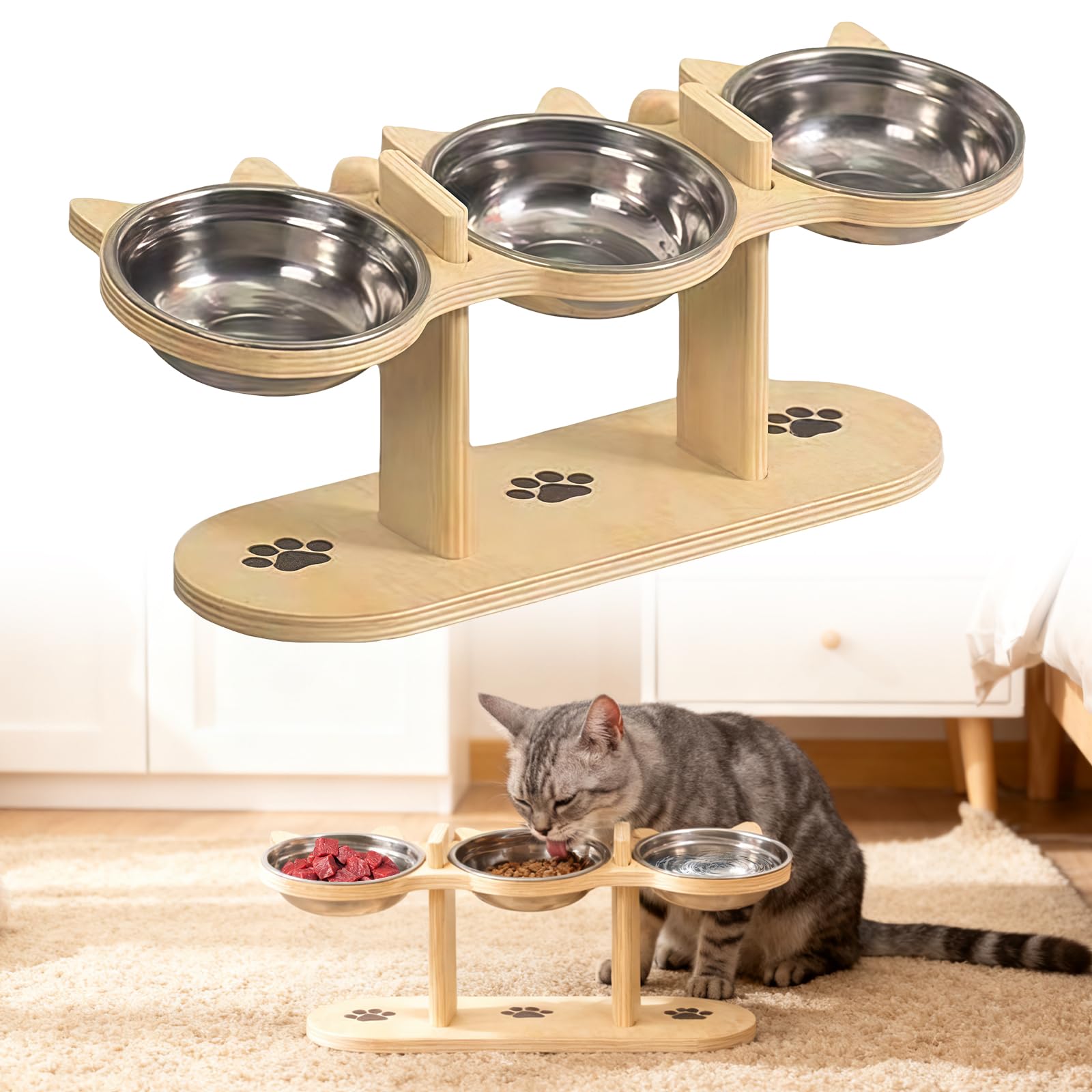 GOMETY Lot de 3 gamelles surélevées 3 en 1 pour chat avec 3 gamelles en acier inoxydable - Hauteur réglable - Avec support en bois - Gamelle ergonomique pour petits chiens