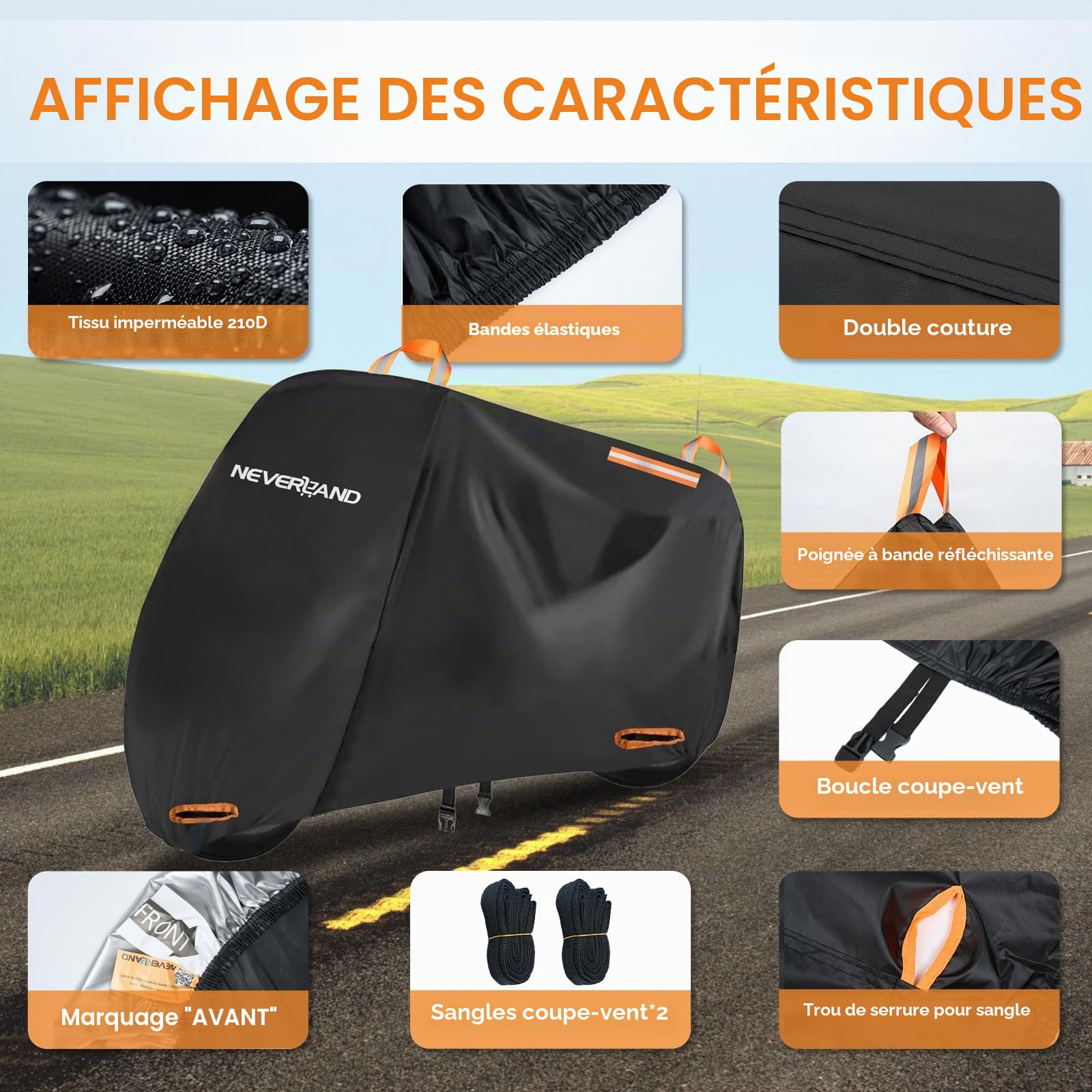 NEVERLAND Bâche Moto Imperméable, Oxford 210D Housse Moto, 295x110x140cm | Bache Moto Exterieur Etanche avec Bandes Réfléchissantes, Protection pluie, UV, poussière pour Moto et Scooter