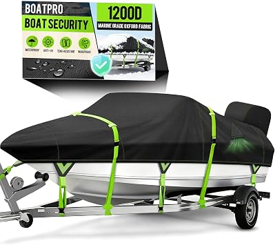 غطاء قارب مقاوم للماء 1200D مع غطاء محرك،غطاء قارب قابل للمقطورة من القماش البحري المصبوغ بالمحلول بطول 14-16 قدمًا لقارب باس ثلاثي الهيكل بطول 14 قدمًا و15 قدمًا و16 قدمًا، أسود