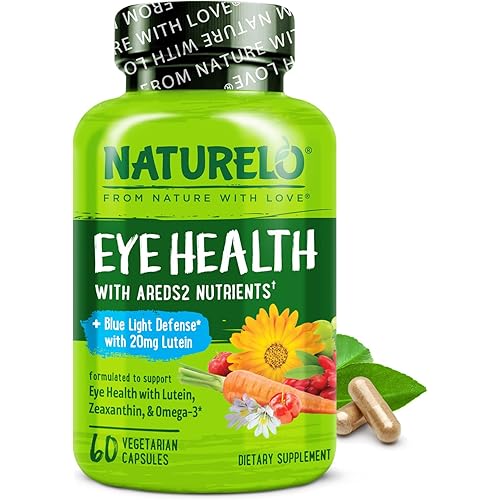 NATURELO Eye Vitamins - AREDS 2 Formula Nutrients with Lutein, Zeaxanthin, Vitamin C, E, Zinc, Plus DHA - Supplement for Dry Eyes, Healthy Vision, Eye Support - 60 Vegan Capsules