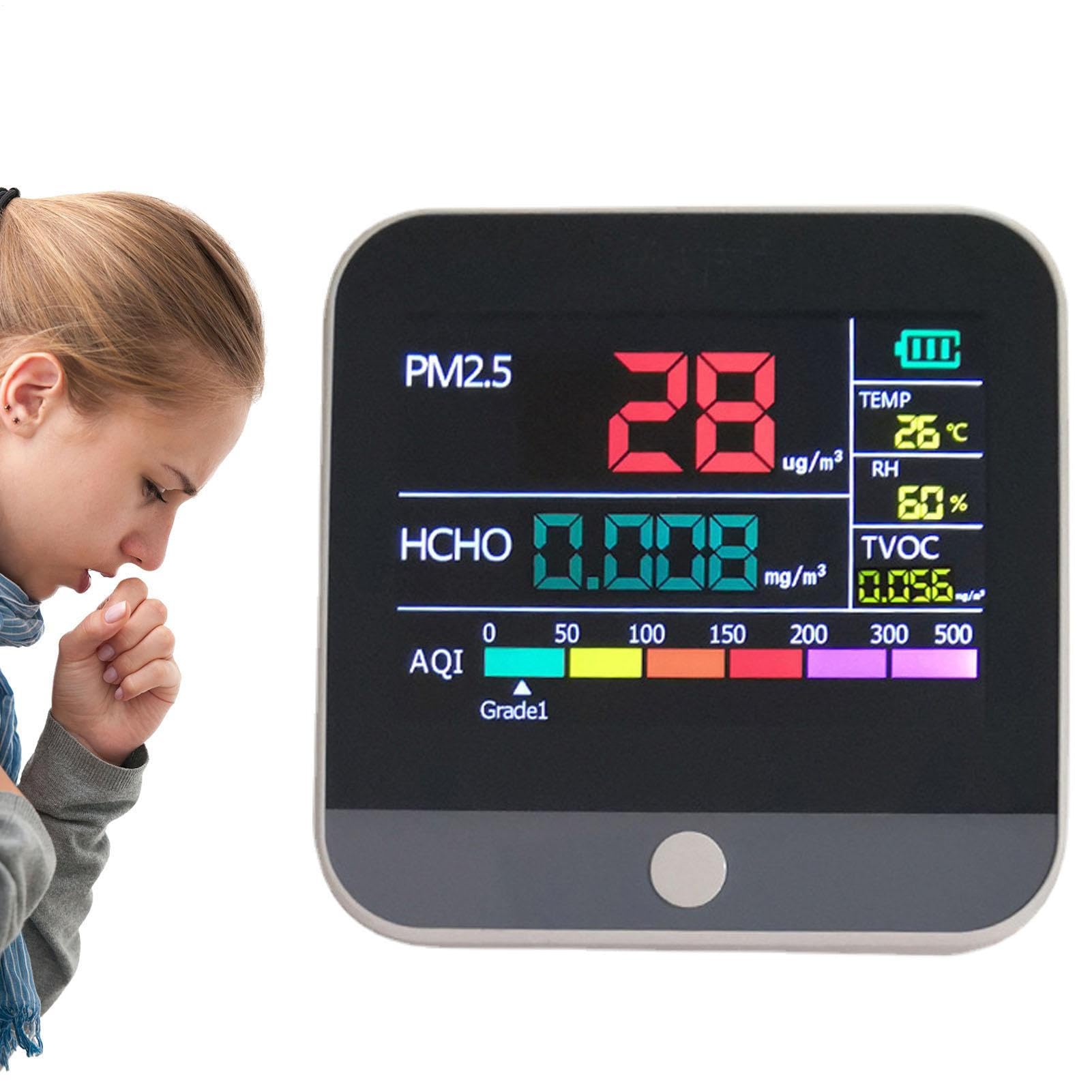 Monitor De Calidad Del Aire Interior - Detector PM2.5 TVOC HCHO De 9x9x5 | Cm, Ventilador Con Sensor De Polvo, Batería De Litio Recargable | Medidor De Contaminación Del Aire En El Aula, Oficina En Ca