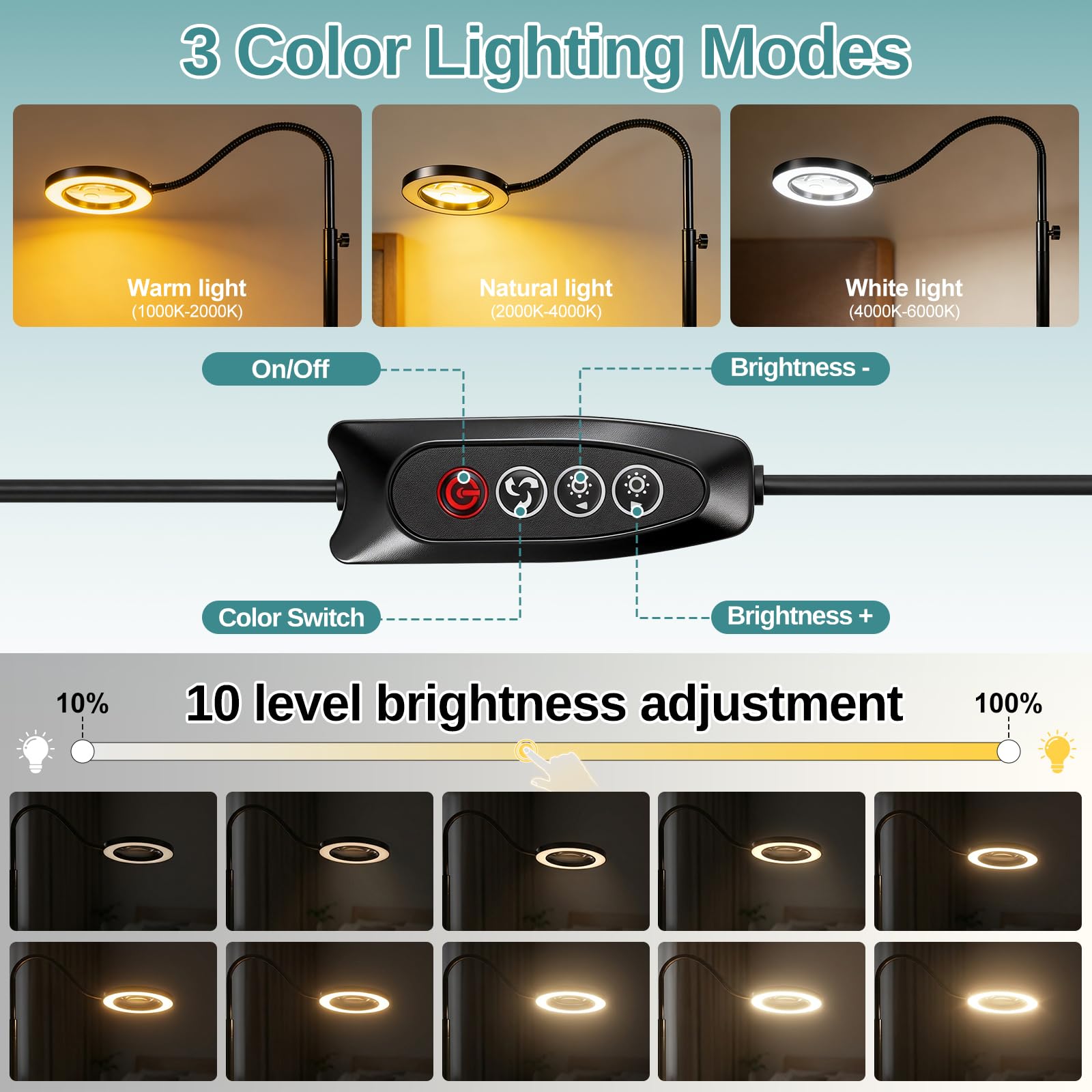 Lupa 3 en 1 con luz y soporte, 10 x 360 ° lámpara de pie LED con brazo giratorio flexible, 3 modos de color, lupa de lectura continua para personas mayores, para leer, manualidades, aficiones