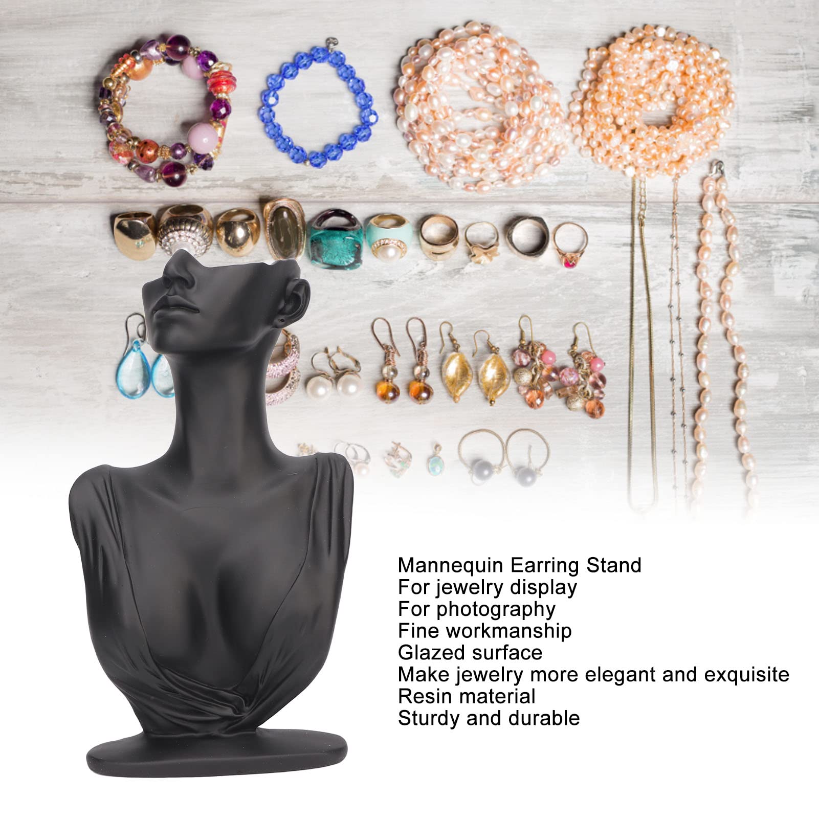 Tyenaza Porta Manichino per Orecchini, Espositore per Collane Busto Leggero Ed Elegante in Resina di Grandi Dimensioni per Mostrare Gioielli, Collane, Orecchini, Anelli (Nero)