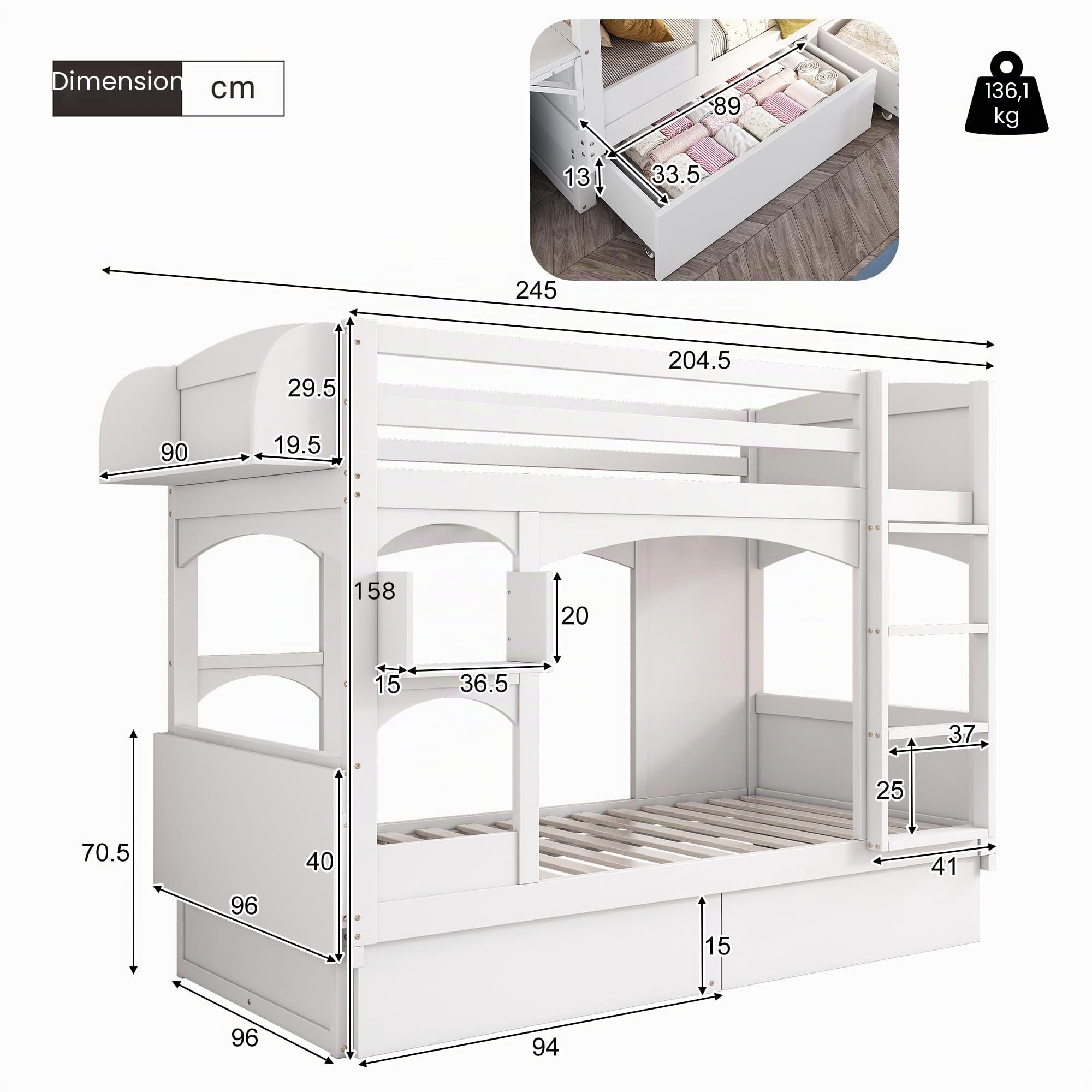 Letto a castello per bambini, 90 x 200 cm, letto matrimoniale, con scrivania pieghevole e mensola, con scala e 2 cassetti, senza materasso, legno massello, bianco