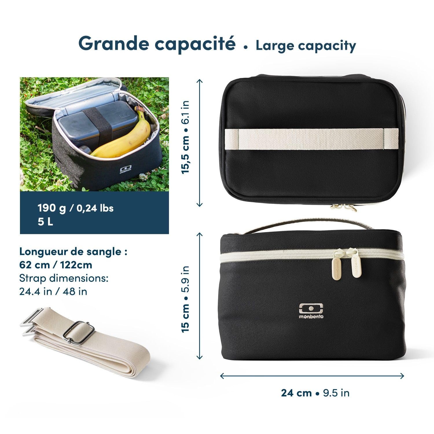 MONBENTO - Borsa Termica 5 L Arctic nero Onyx - Lunch Bag per Trasportare Portapranzo, Borraccia e Accessori per il Pranzo – Borsa Frigo con Tracolla Rimovibile – Ideale per Ufficio/Picnic