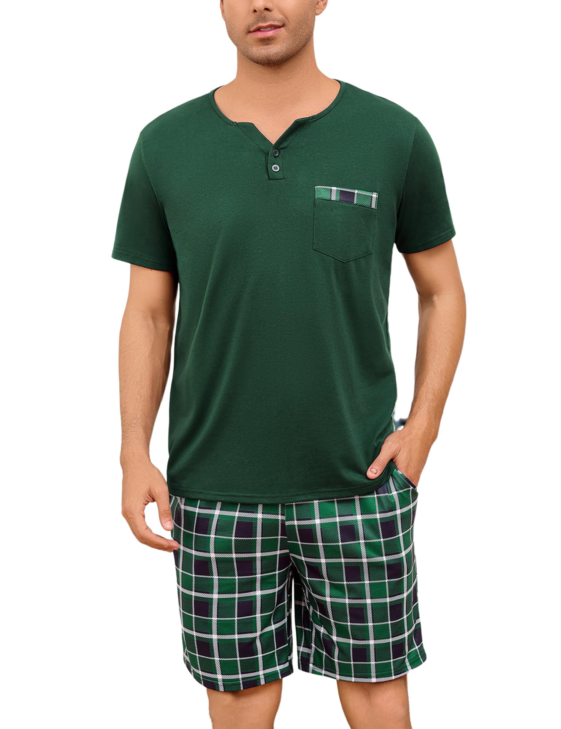 Bresdk Shchlafanzug Herren Pyjama Kurz Baumwolle mit 2 Knöpfen Kariert Sommer Männer Nachtwäsche S-3XL