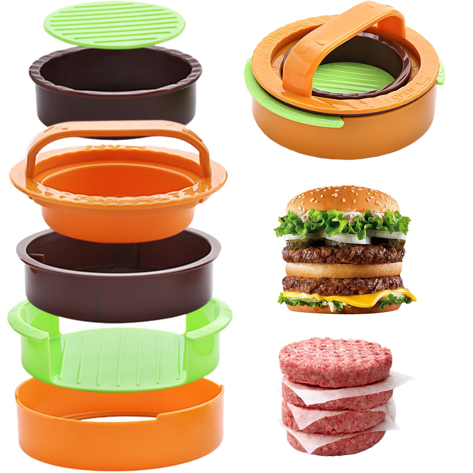 VinBee Burger Press Patty Maker - 3 in 1 Nonstick Hamburger Patty Maker, Smash Burger Press for Perfect Round & Delicious Stuffed Burgers,Burger Maker Large, Small & Half Pounder Burger Mold Set