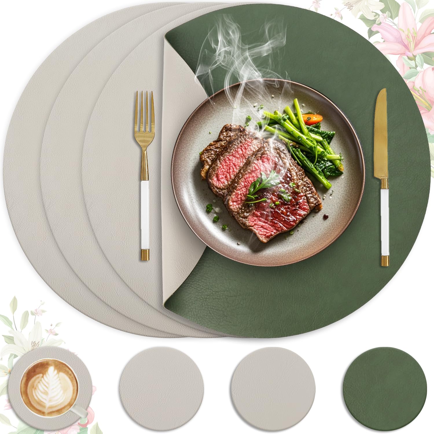 Heli MAIO Tischsets und Untersetzer 4er Set,Platzsets Abwaschbar und Doppelseitigen rutschfest Platzdeckchen,Tischset Leder Kunstleder,Platzdeckchen wasserdicht