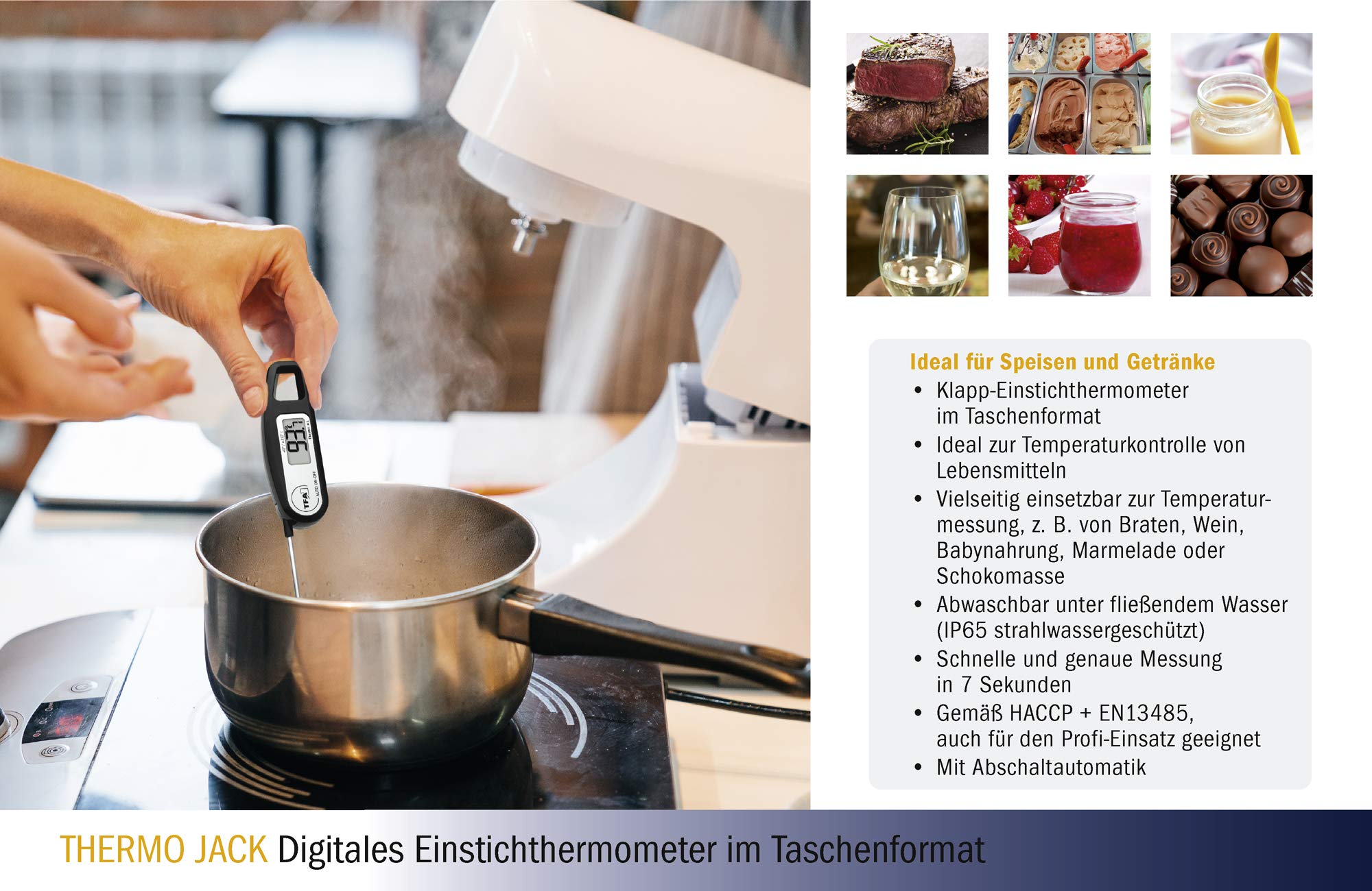 TFA Dostmann Thermo Jack cwkłuwalny/wtykowy termometr cyfrowy, 30.1047.01, kontrola produktów spozywczych, zmywalny, czarny
