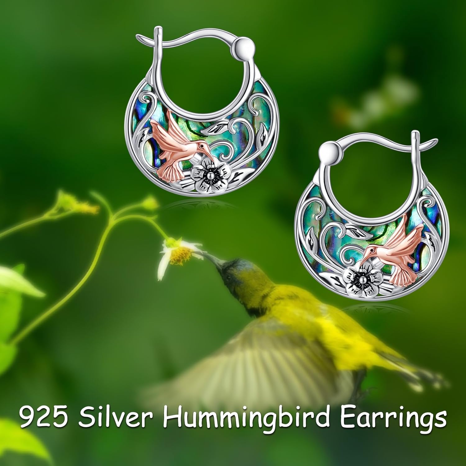 POPLYKE Hummingbird Sunflower Lotus Flower Earrings for Women 925 Sterling Silver Hoop Earrings Abalone Jewelry for Her
