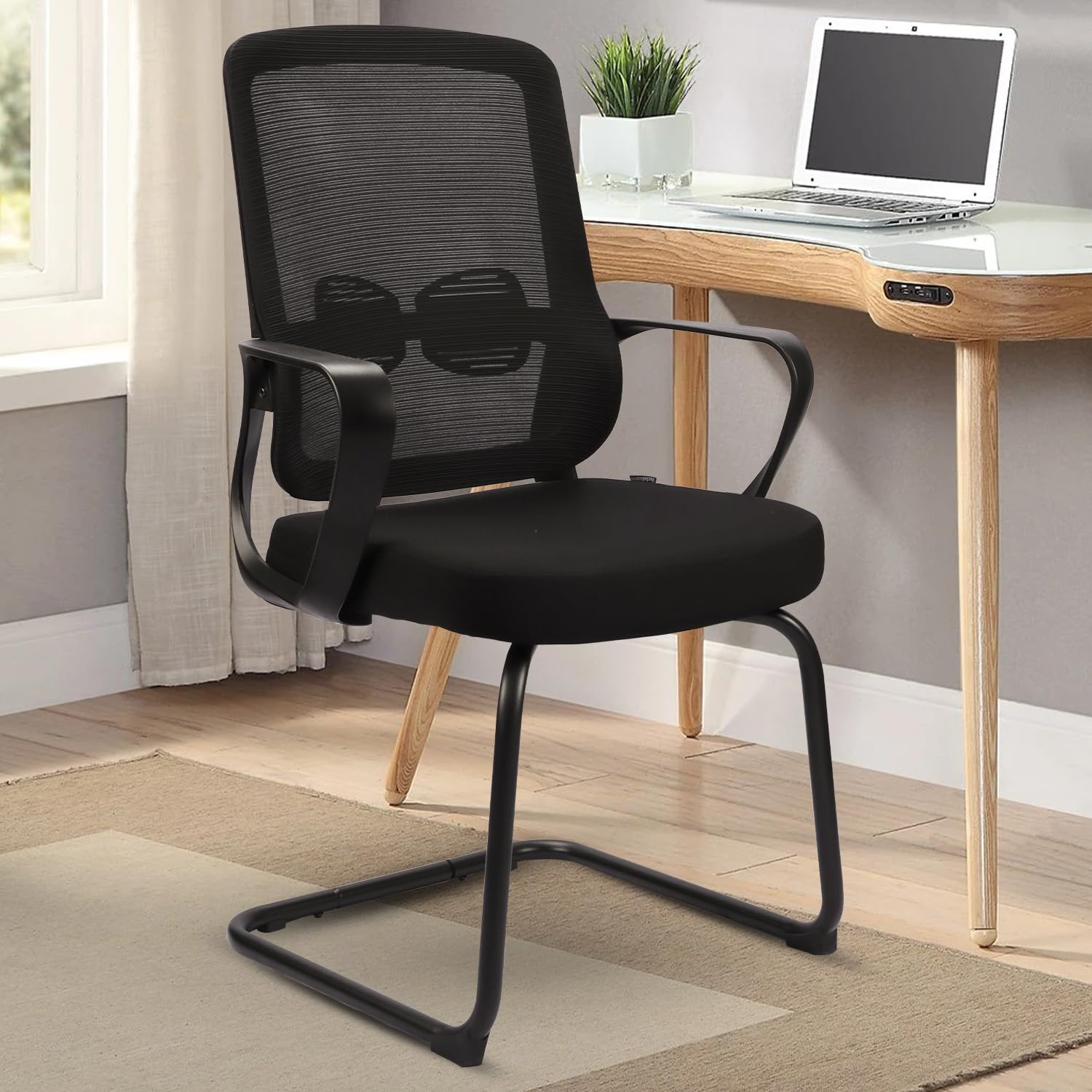 Freischwinger Stühle,Konferenzstuhl,Bürostühle mit Armlehne und Lendenwirbelstütze,Ergonomische Besucherstuhl für Home Konferenzraum Schlafzimmer(1, Schwarz, 62x50x103cm)