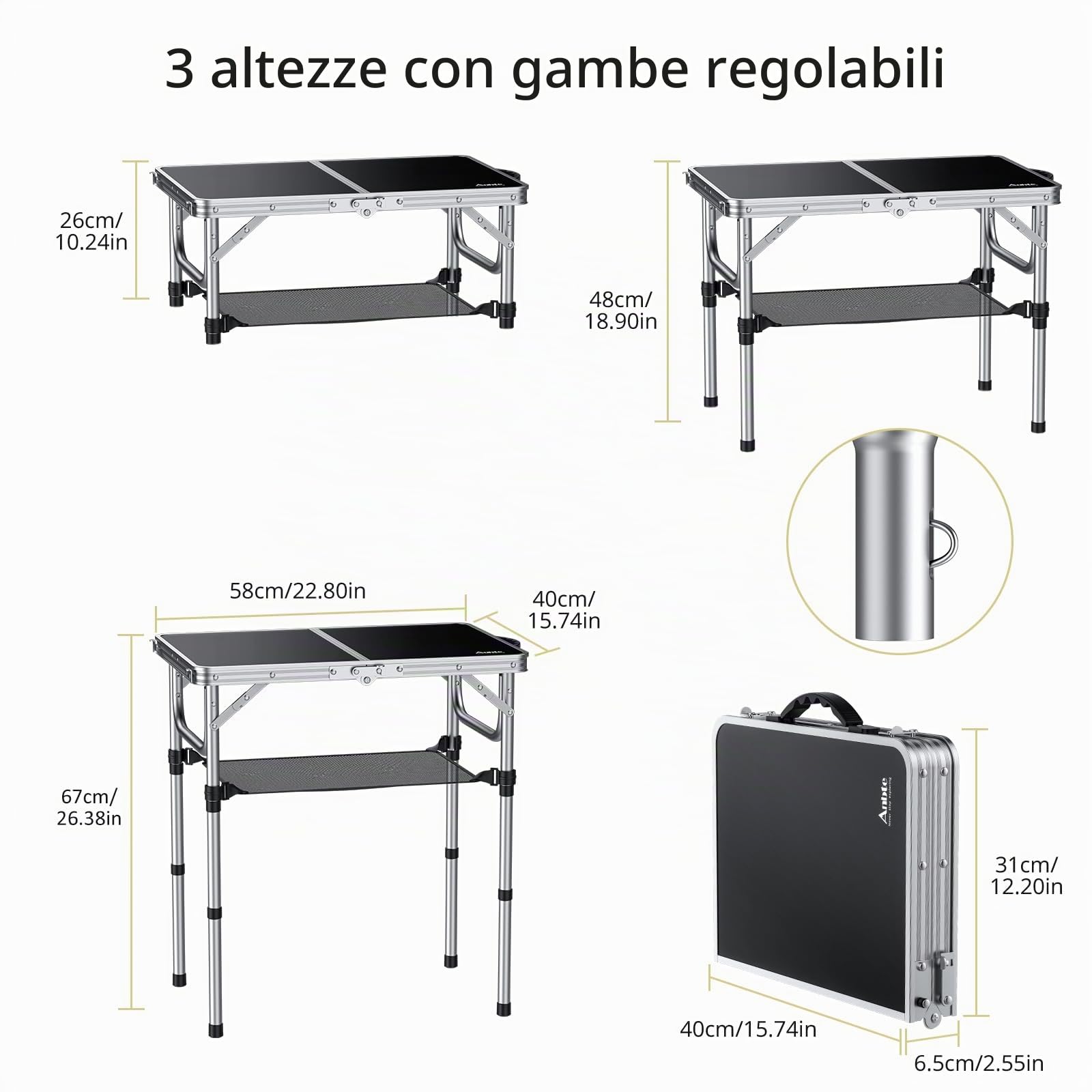 Anbte Tavolo Pieghevole da Campeggio da Caffè 58 * 40 * 67-3 Regolabili in Altezza con Gambe in Alluminio Rinforzato e Filettatura Metallo,Tavolino Portatile per Picnic/Lavoro-Nero