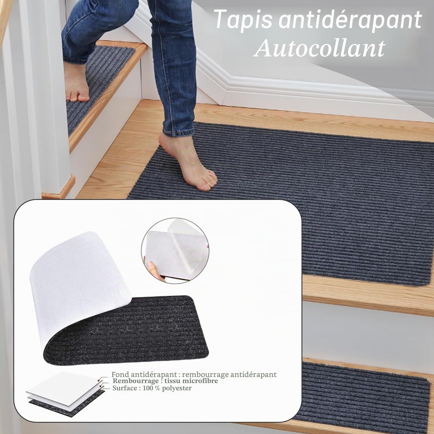 Lot de 15 tapis de marche d'escalier autocollants antidérapants pour l'intérieur 60 x 20 cm Tapis d'escalier antidérapant pour enfants, personnes âgées et animaux domestiques (beige)