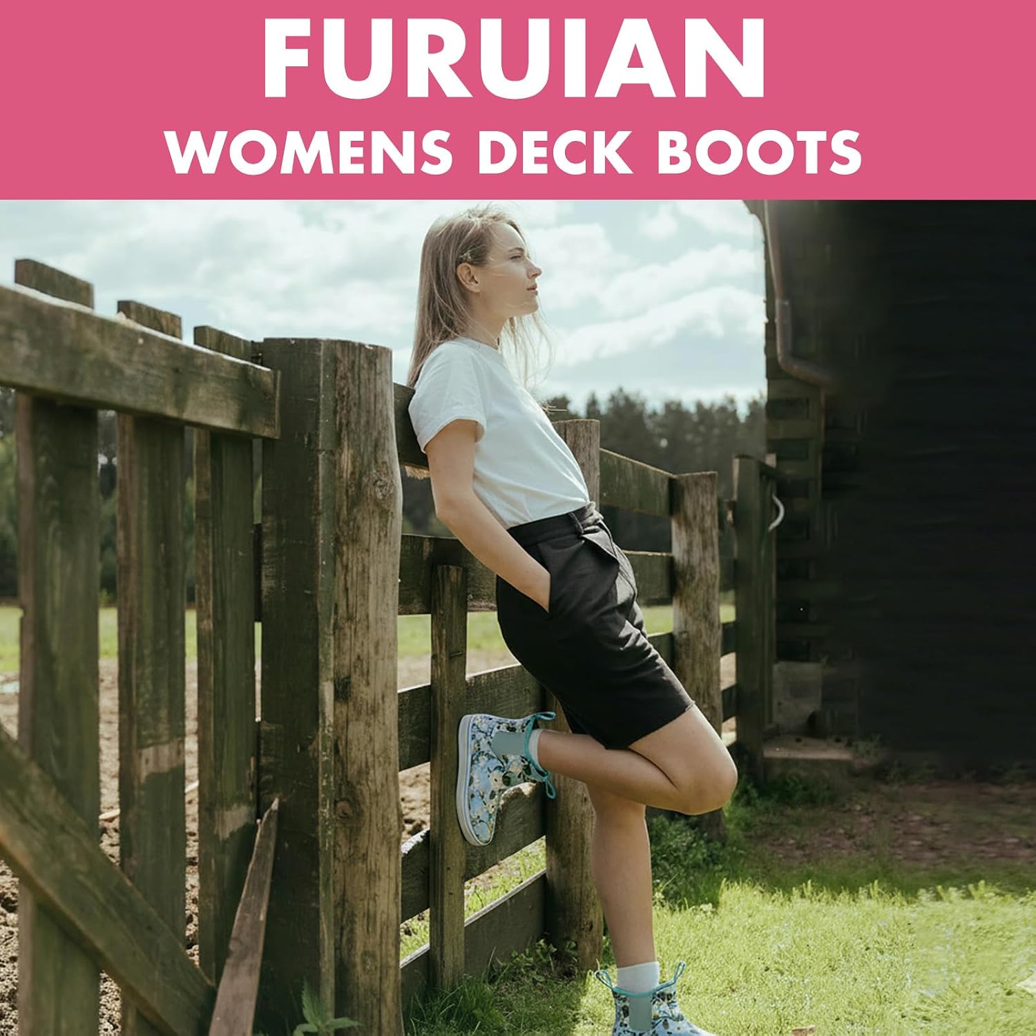 Furuian Women's Deck Boots Ankle Rain Boots Fishing Boots Rubber Waterproof Slip-Resistant Outdoor Work Shoes