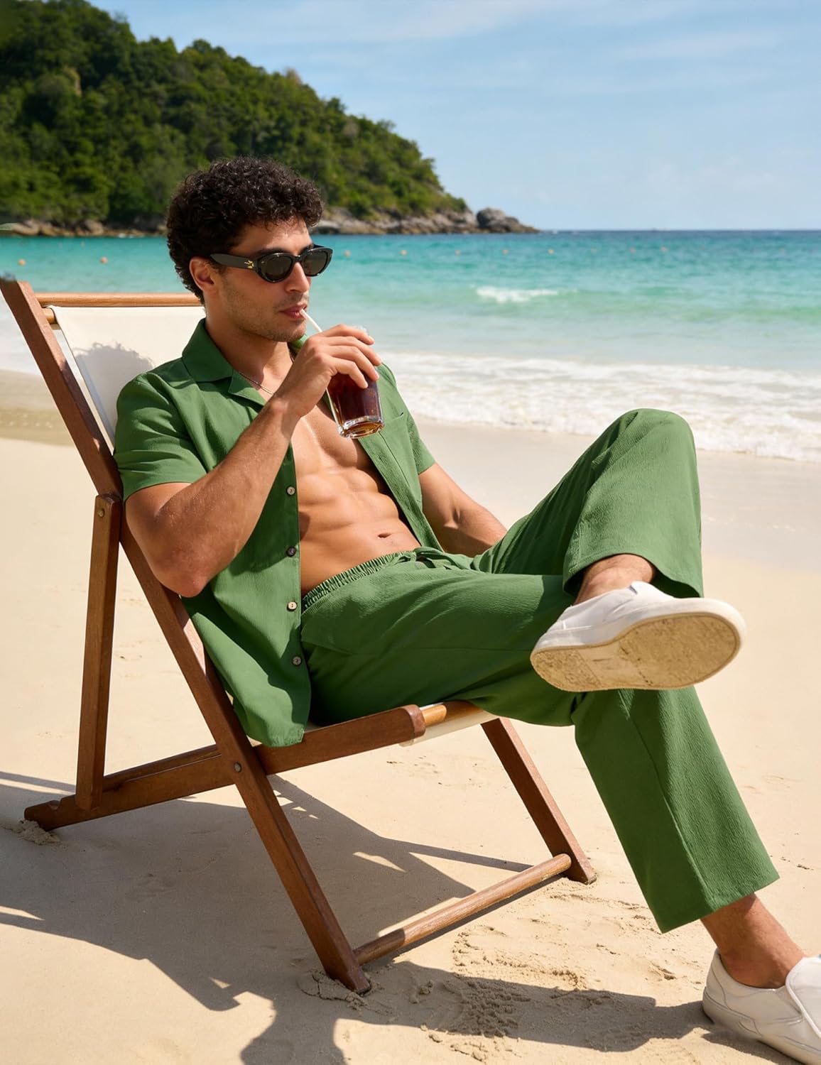 UOUA Mens 2 Piece Linen Set Summer Beach Button Down Short Sleeve Shirt Long Pant Vacation Casual Outfit - Image 2