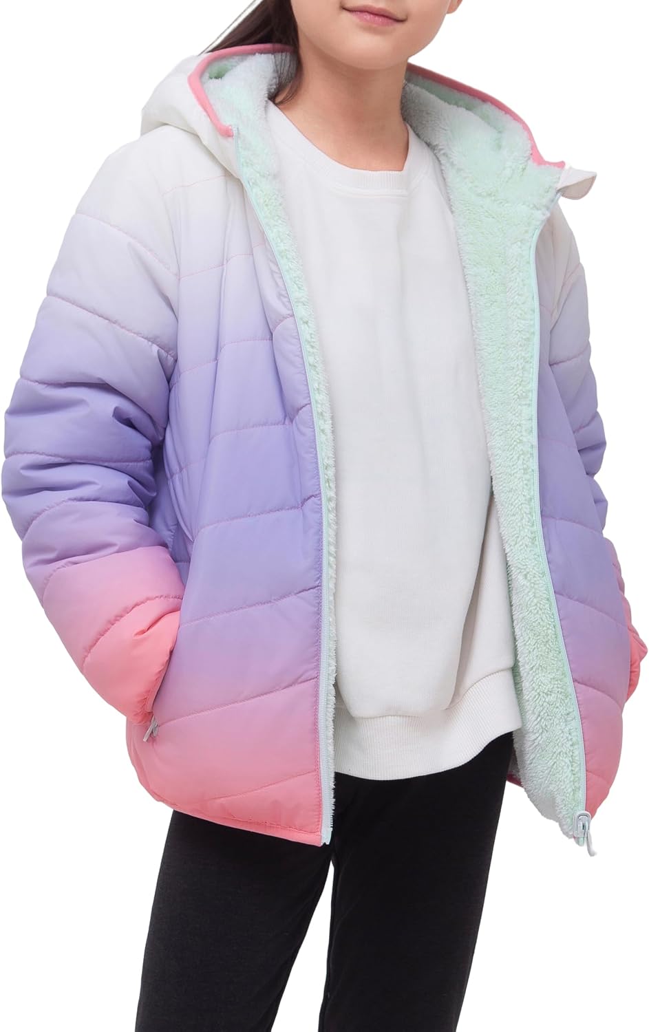Rokka&Rolla Girls' Reversible Water-Resistant Sherpa Fleece Puffer Jacket