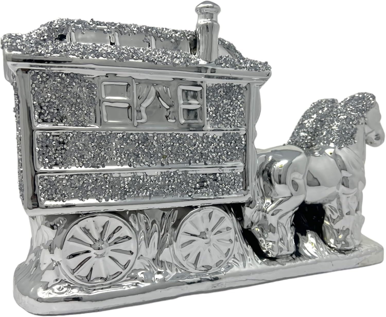Jayogla Silver Crystal Horse And Caravan Ornament, Crushed Diamond Effect, Decorative Wagon