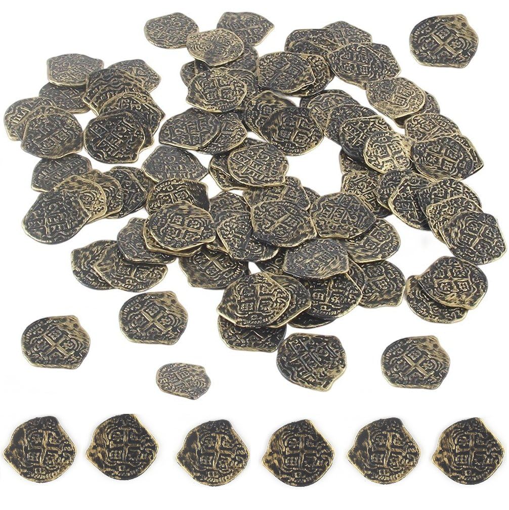 Brxmpn 100pcs Doubloon Coins, Gold Props Chest Games Tokens Pirate Coins Set for Pirate Adventure Themed Cosplay Party