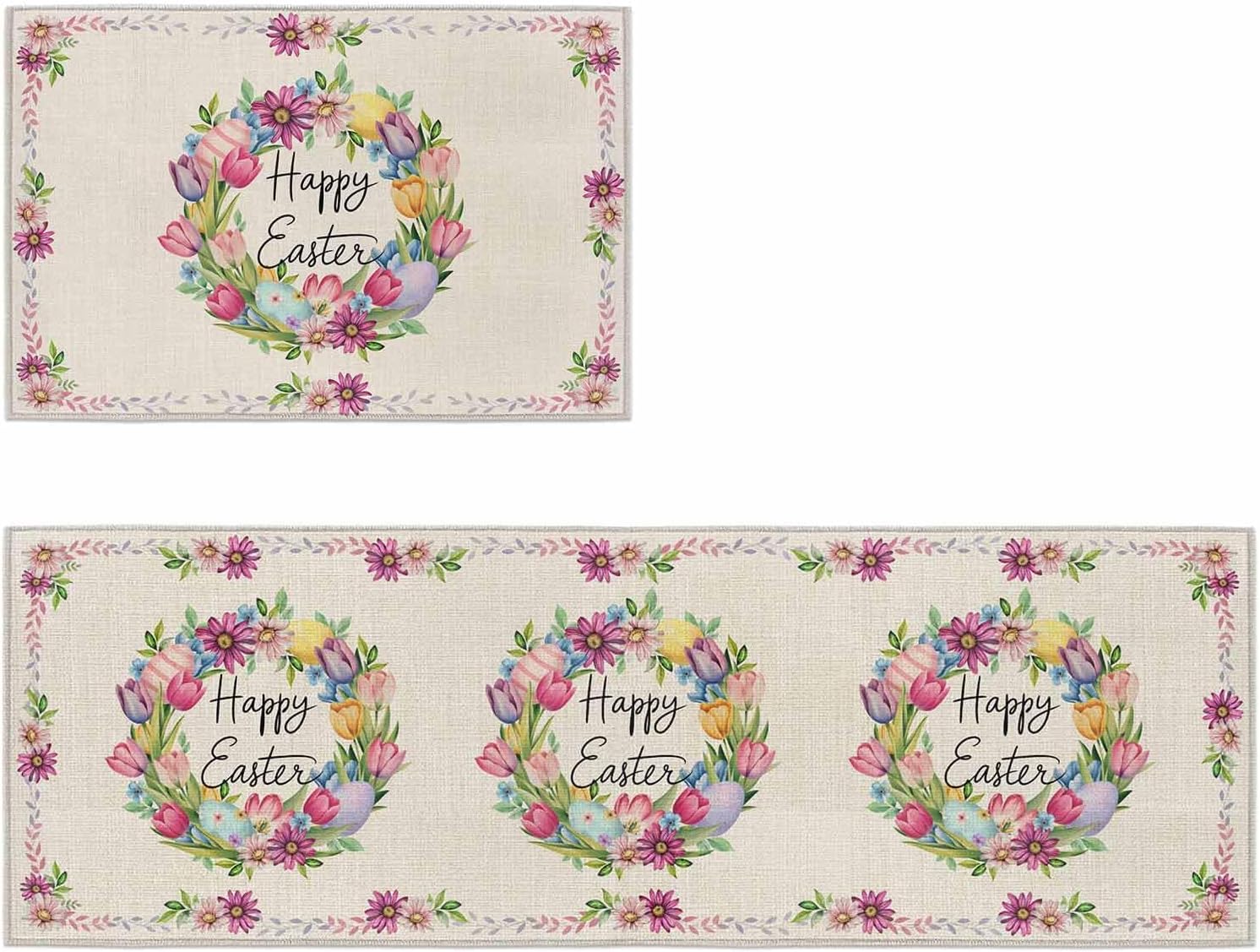 Teamery Kitchen Mats for Floor Vintage Easter Tulips Daisy Eggs Washable Non Slip Kitchen Rugs 2PCS, Spring Floral on Linen Absorbent Standing Mats for Sink Office Living Room 15.7x23.6in+15.7x47.2in