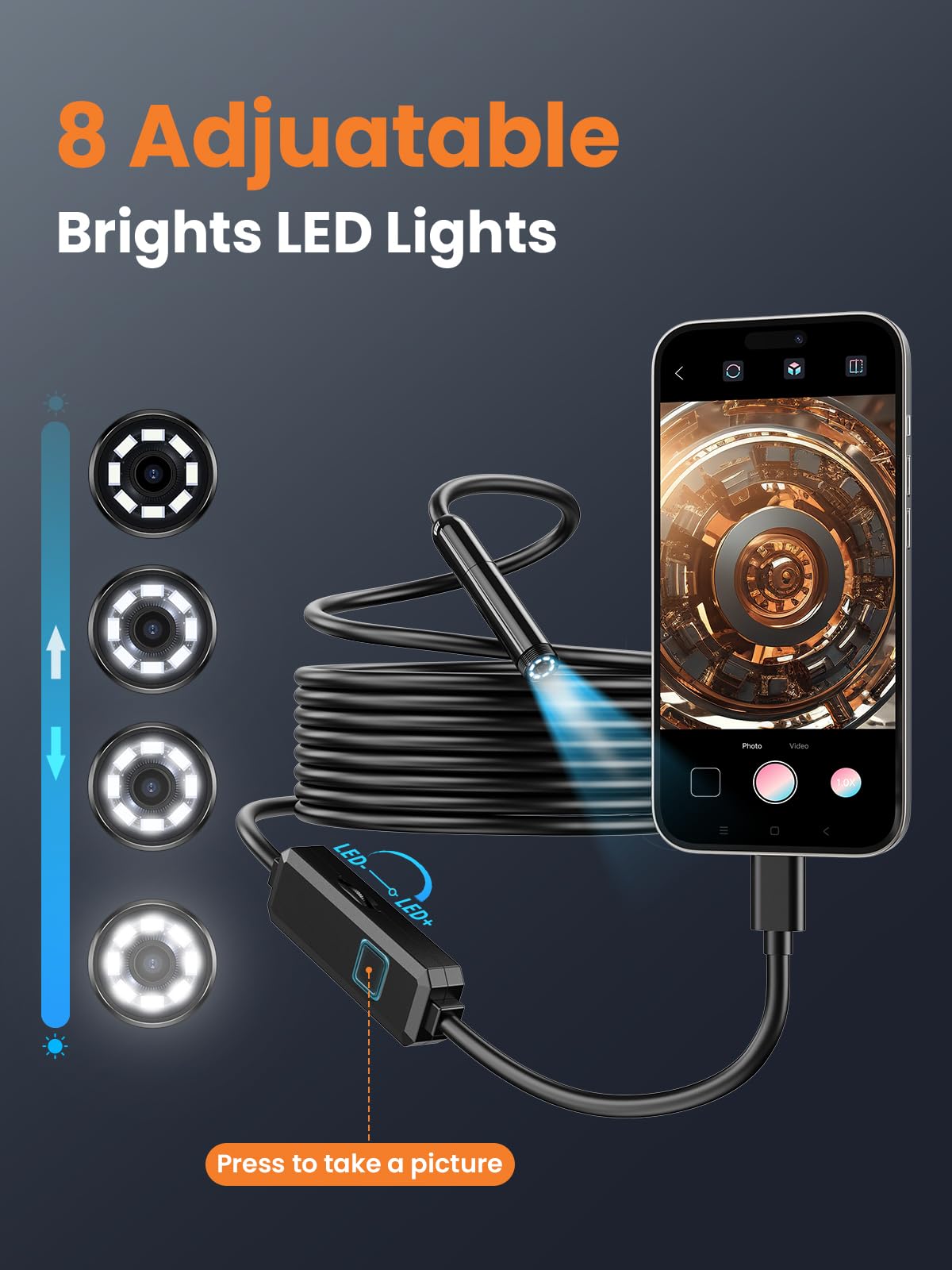 Cámara de inspección de endoscopio, boroscopio HD 1920P con 8 luces LED, cámara de inspección de serpiente semirrígida de 10 m, IP67 impermeable para tubo de drenaje, herramienta para iOS y