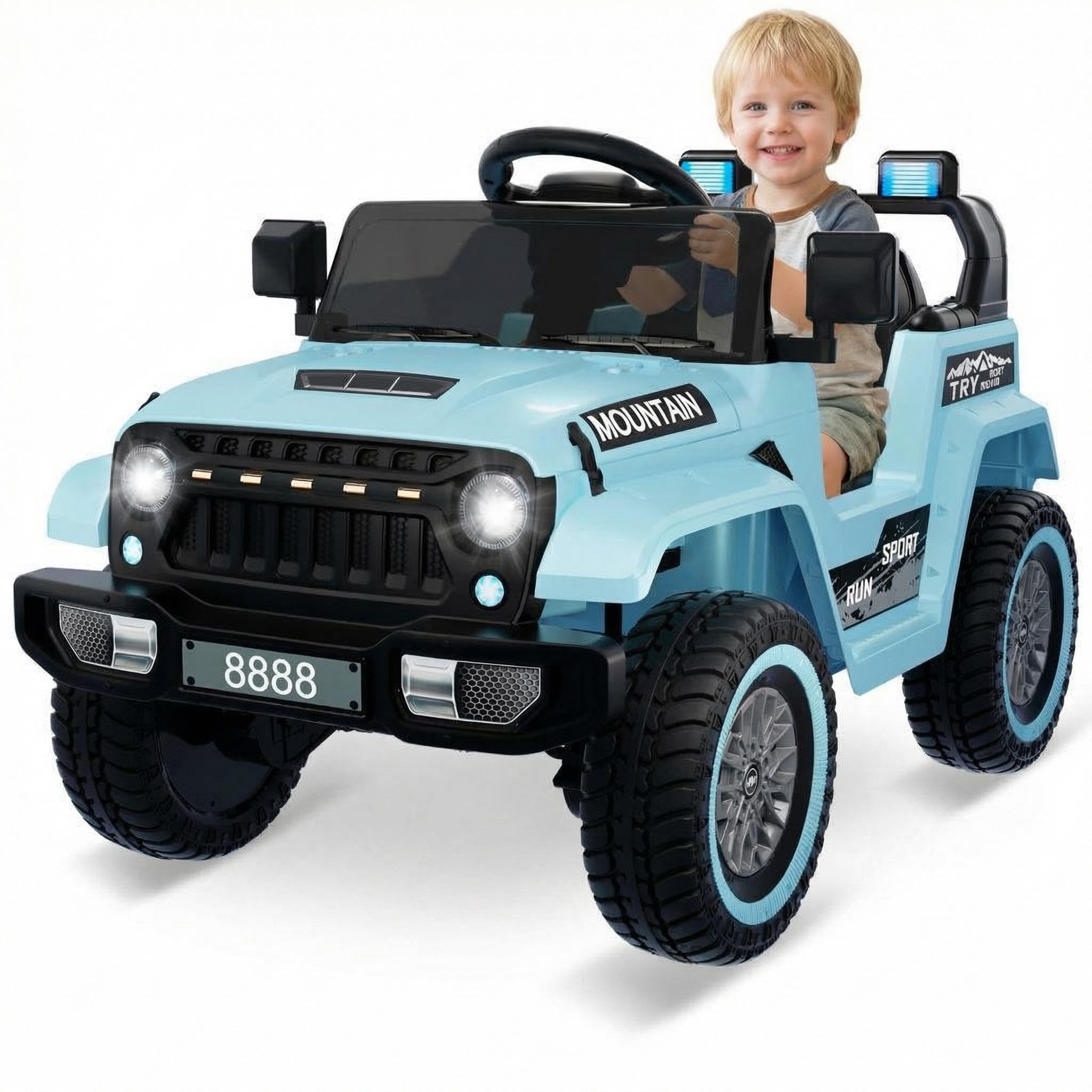 GarveeTech 12V Kinder Elektroauto mit 2x35W Motoren – Fernbedienung, Musikplayer, LED-Scheinwerfer, Hupe, Federung, Sicherheitsgurt, Türen – Elektrofahrzeug für Jungen – Blau