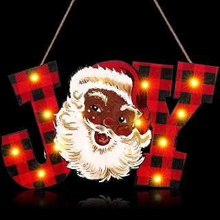 Riceshoot Black African American Santa Christmas Joy Wood Sign with LED Lights 13.8 x 8.3 Inch Vintage Red Buffalo Plaid Joy Letter Sign Xmas Wooden Hanging Sign for Holiday Indoor Outdoor Decor