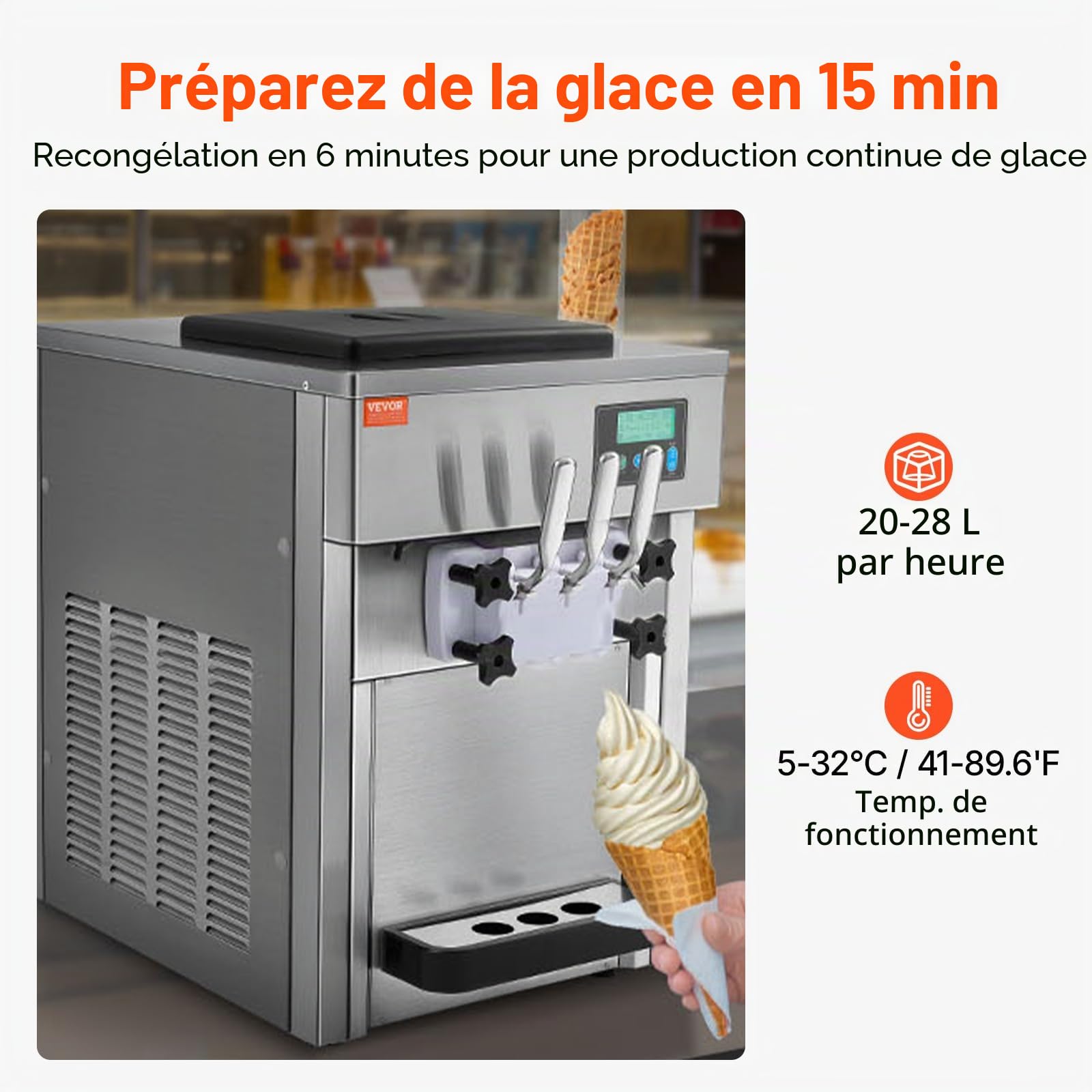 VEVOR Machine à Crème Glacée Commerciale 20 L/h 1800 W 3 Saveurs, Machine à Glace Italienne Trémie 2x4 L, Pré-Réfrigération, Nettoyage Automatique, pour Yaourt Café Snack-Bar Restaurant Supermarché