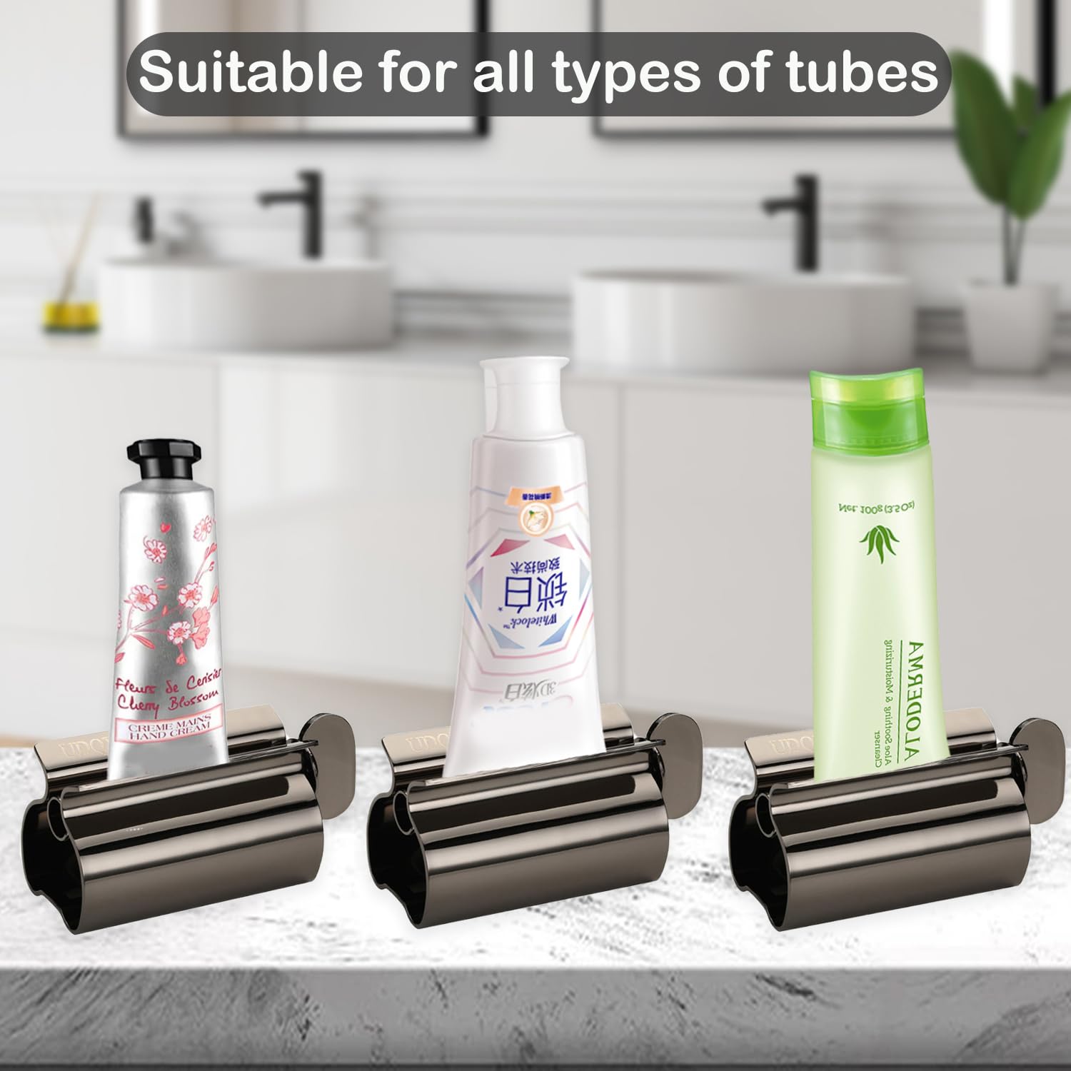 Exprimidor de pasta de dientes – Exprimidor de tubo de metal de acero inoxidable UDQYQ soporte de asiento de pasta de dientes 3 unidades (negro)