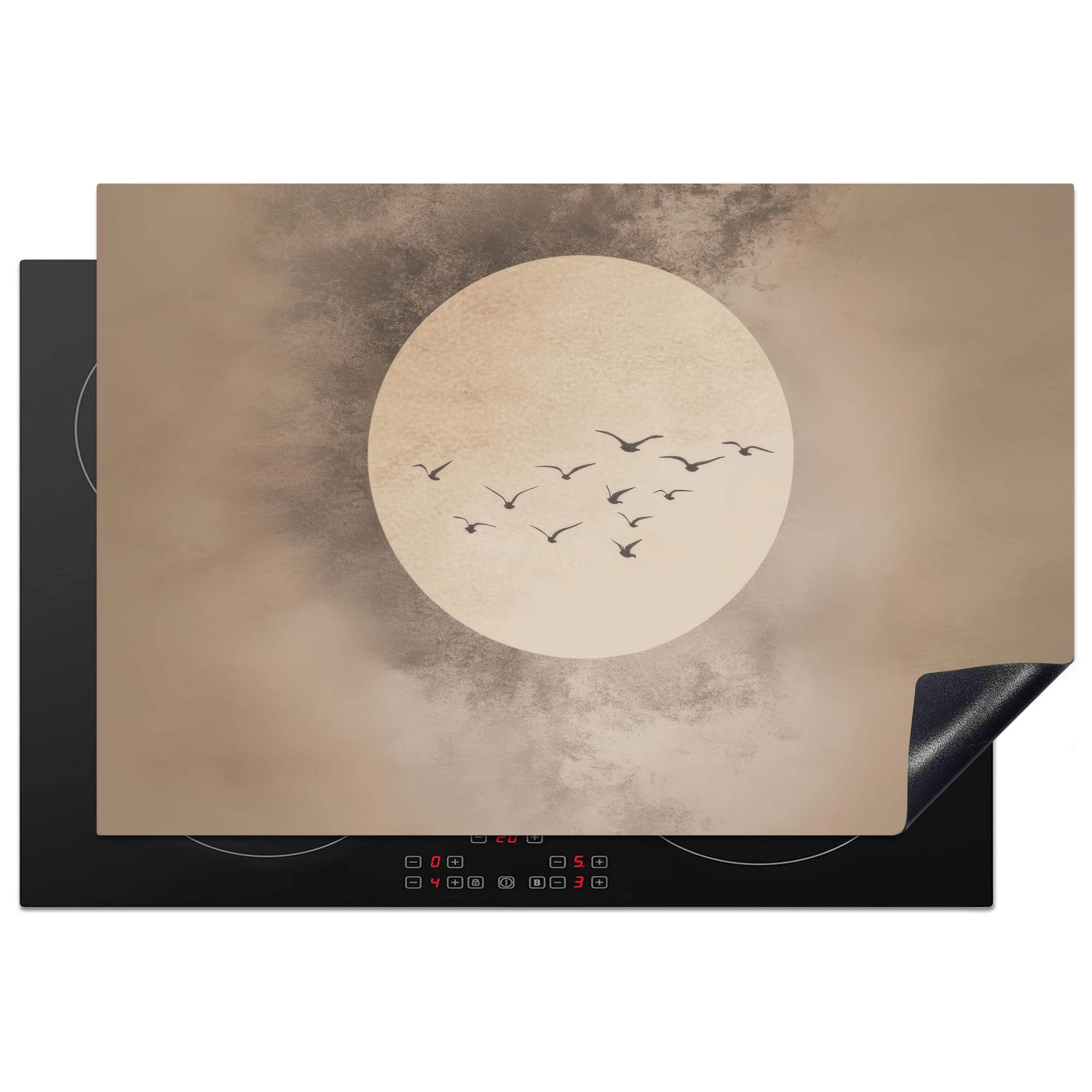KitchenYeah© Induction Hob Cover Protector Mat 20.1"x30.3" / 77x51 cm Kitchen Universal Ceramic Covers for Electric Cookers Vinyl Bird - Beige - Japandi