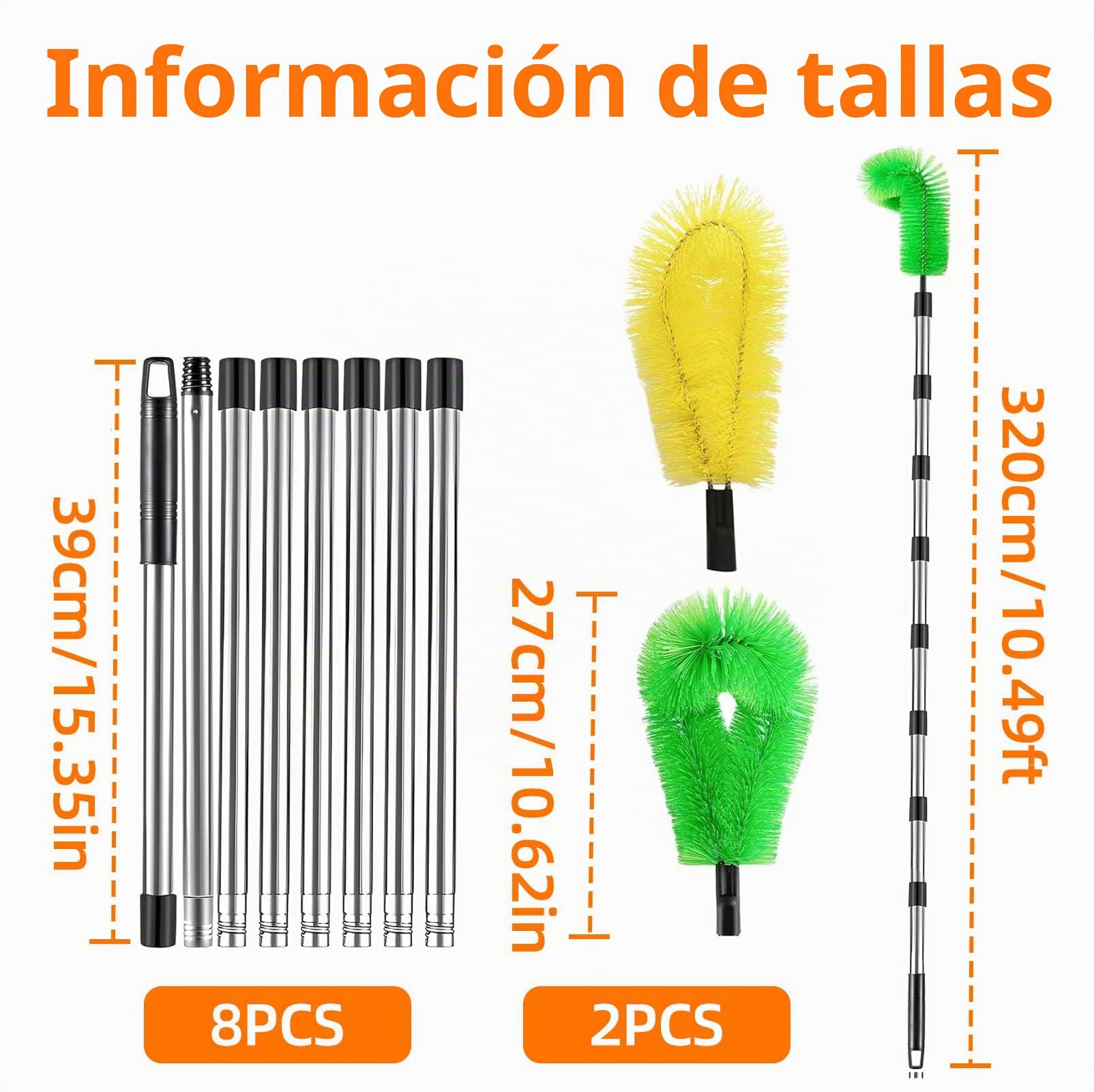 Herramienta Limpieza Canalones con 8 Poste Telescopico Acero Inoxidable, Limpiador Hojas Techos Extensible 310 cm, Cepillo Limpiar Nieve Tejado (Verde+ Amarillo)