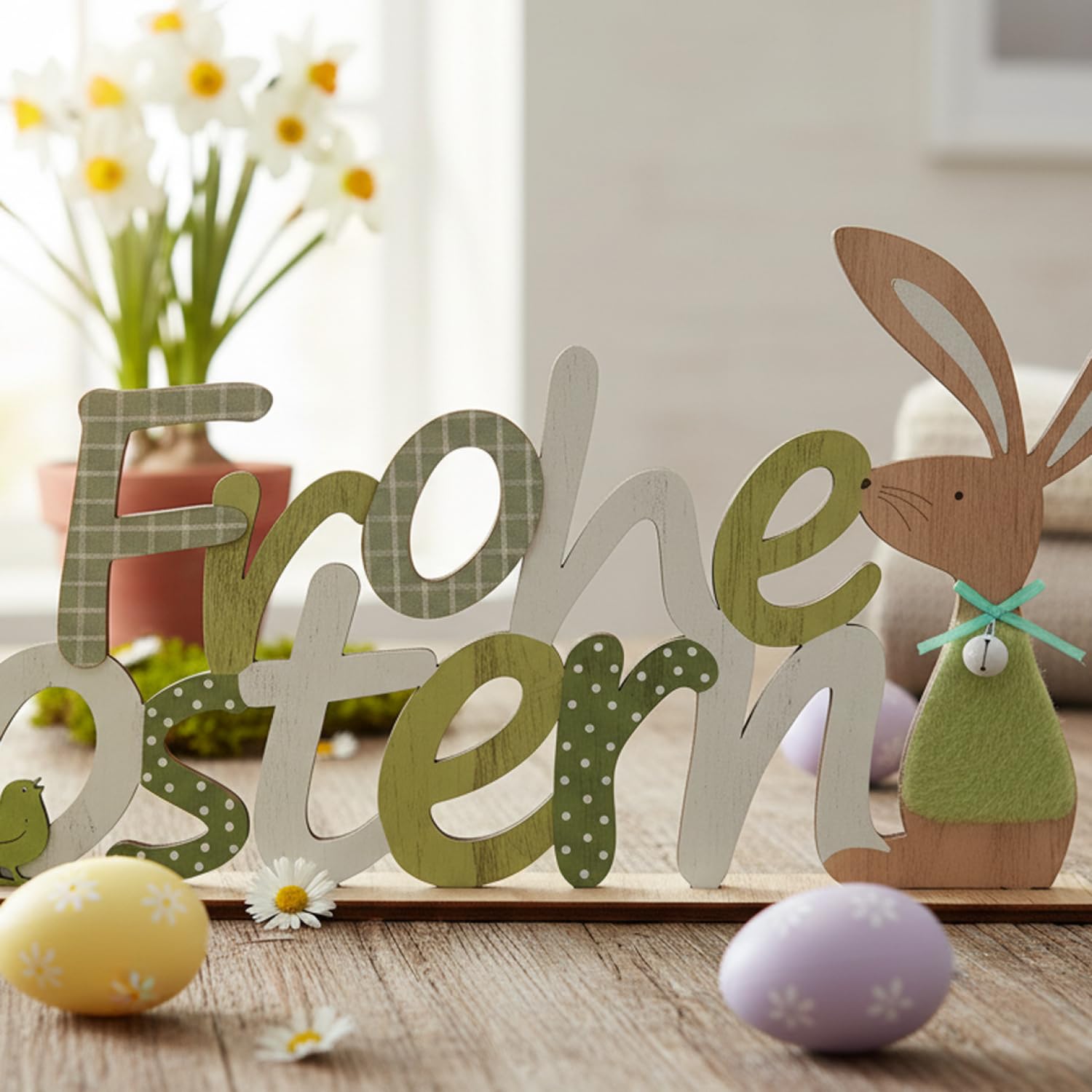 COM-FOUR® Décoration De Pâques En Bois - Lettrage 'Happy Easter' Avec Tête De Lapin (26x20 Cm) - Ton Naturel