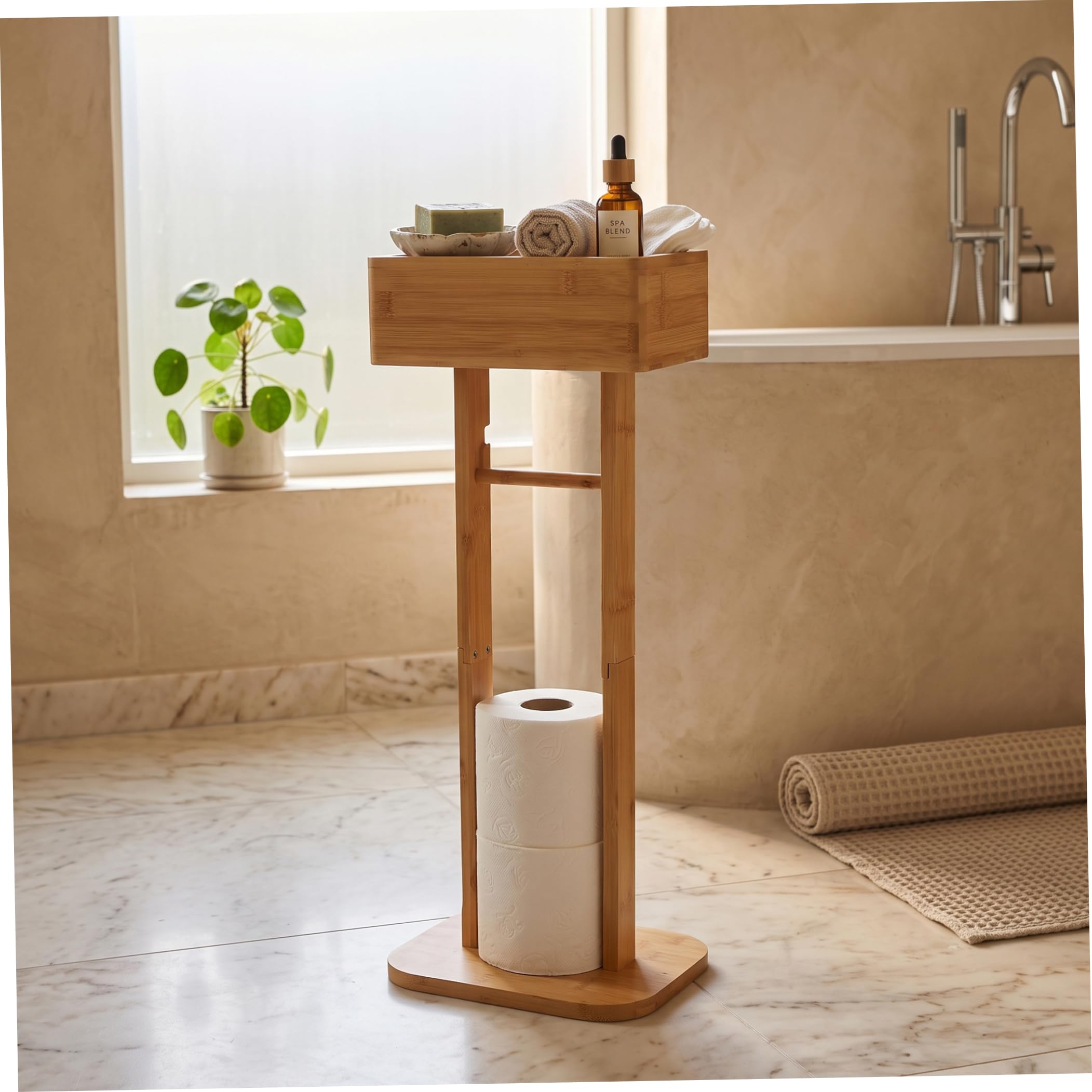 Porte-Papier hygiénique avec Rangement, Support de Papier Toilette sur Pied en Bambou, Organisateur de Salle Bain