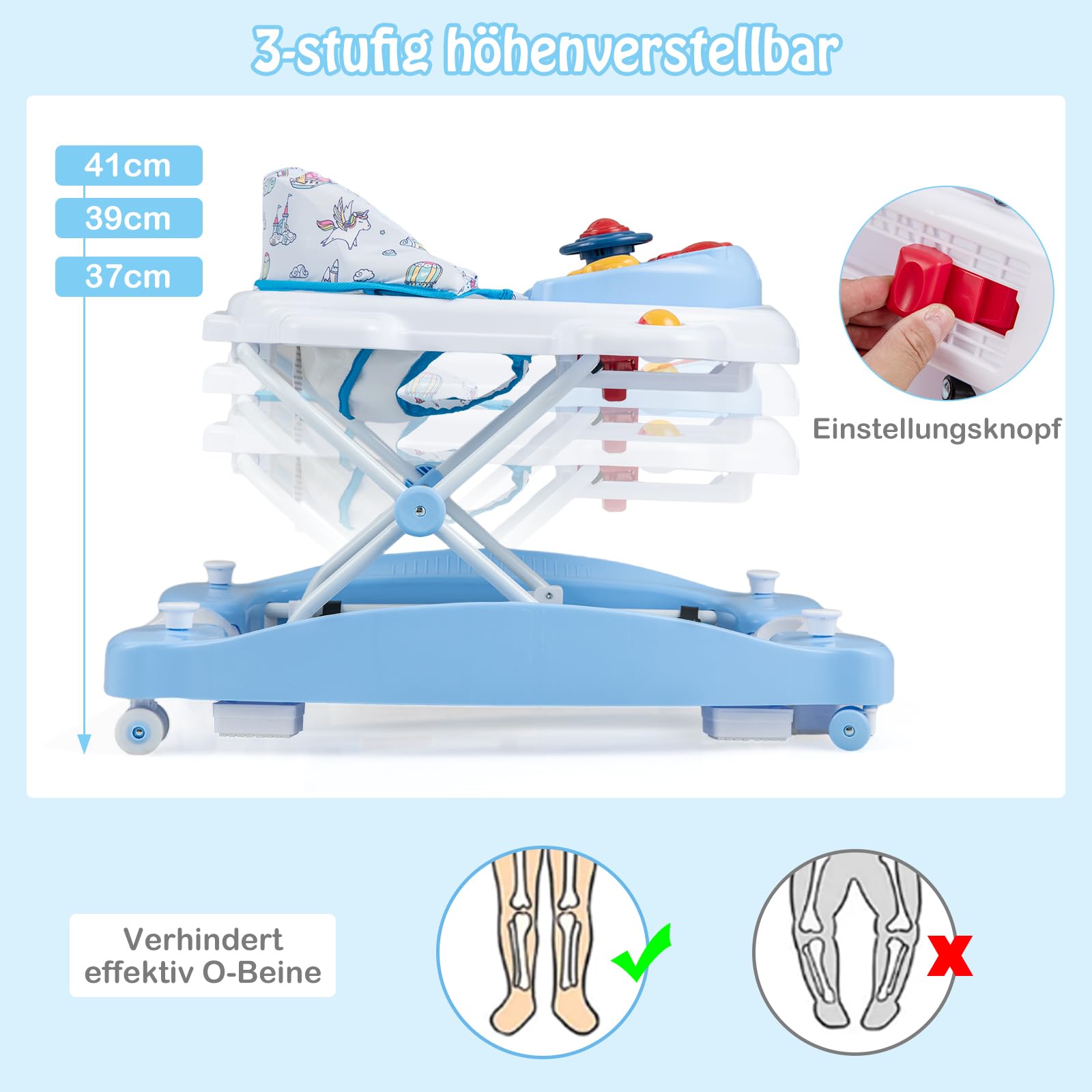 GOPLUS 6 in 1 Lauflernwagen, Lauflernhilfe faltbar mit Rädern, Baby Walker mit Fußkissen, Lichtern, Musik, Spielzeug & 3 verstellbare Höhen, Gehfrei für Baby ab 6 Monate, belastbar bis 12KG (Blau)