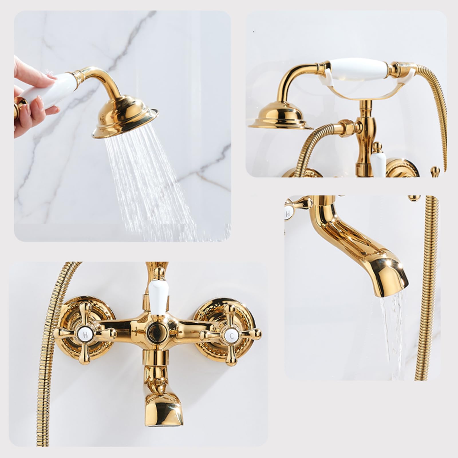 Grifo de Ducha Empotrado Vintage Grifo Bañera y Ducha Doble Cruz Mando de Laton Cromado