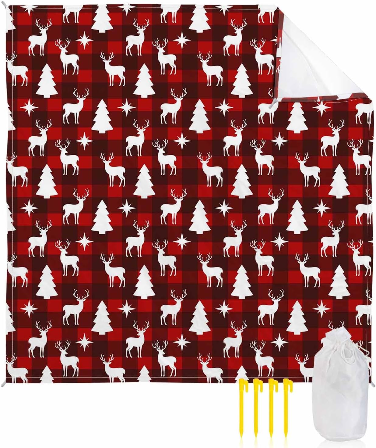 Beach Blanket, Christmas Reindeer Xmas Tree Silhouette Red Black Buffalo Plaid Beach Mat 83"x79" Large Picnic Blanket,Sandproof Waterproof Outdoor Beach Blankets for Travel Camping Hiking