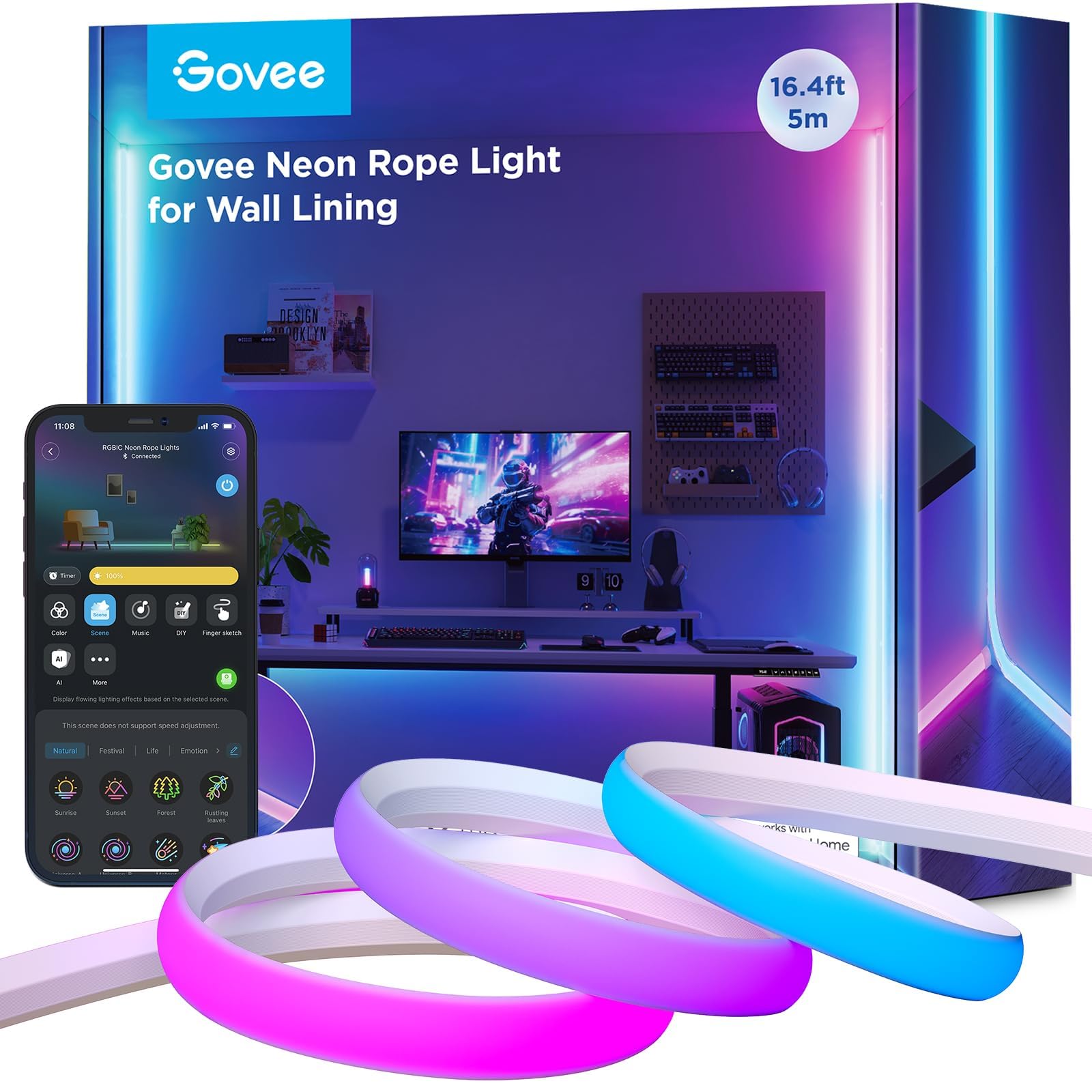 Govee Neon Striscia LED per Battiscopa, 5m RGBIC Strisce LED per Pareti e Angoli, Funziona con Matter, Alexa e Google Assistant, Sinc Musicale, Tagliabile, per Soggiorno, Gamera da Letto, Sala Giochi
