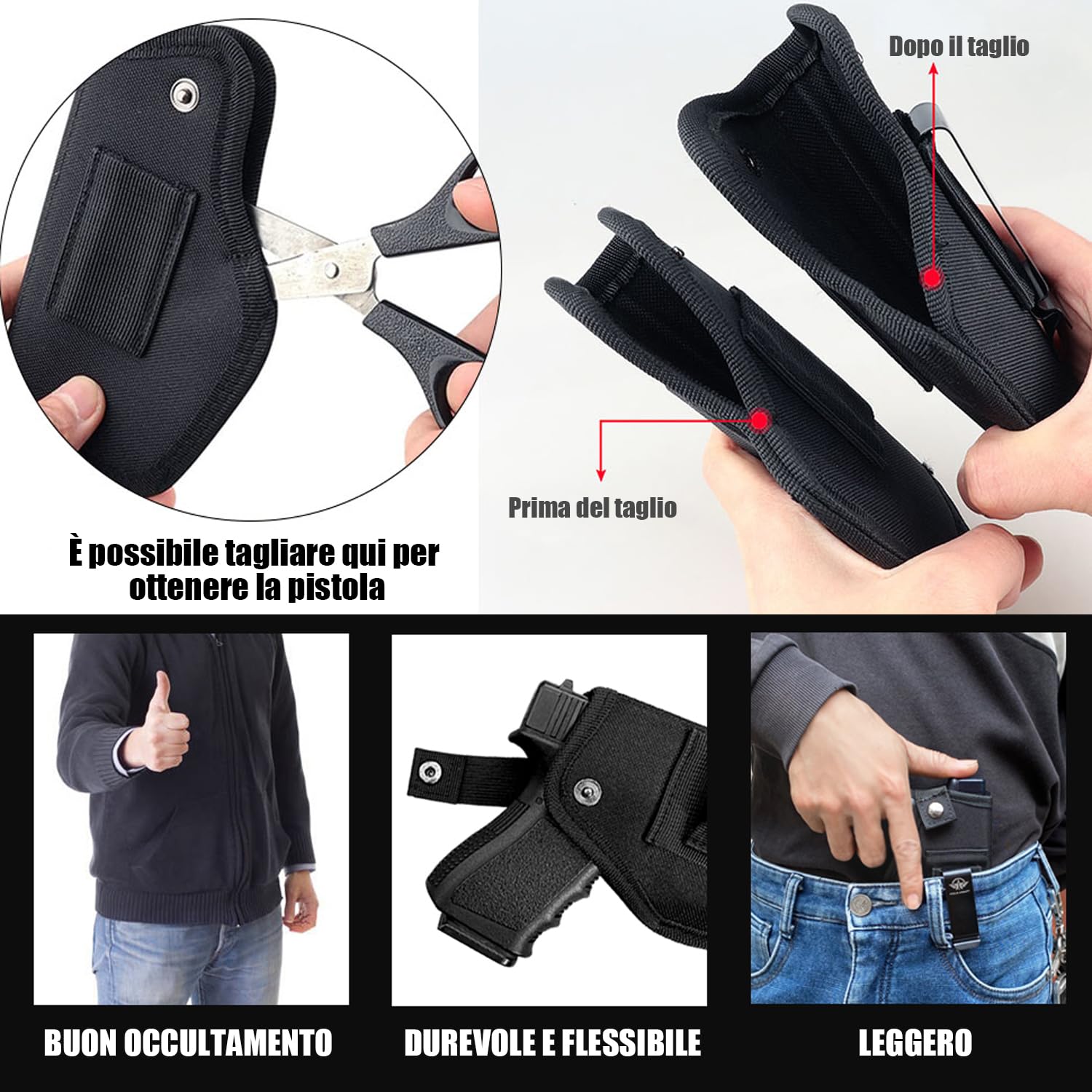 2 Pezzi Fondina per Pistola Nascosta, Pistola Interna o Esterna per Mano Sinistra e Destra, Pistole Tattiche Holster, Nylon Fondina da Trasporto Nascosta, Nero