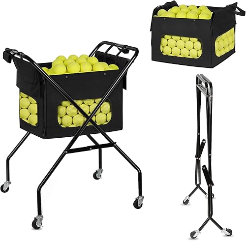 Cesta plegable de pickleball para pelotas de tenis con ruedas, bolsa extraíble, carrito portátil con capacidad para 170 pelotas de tenis o 140