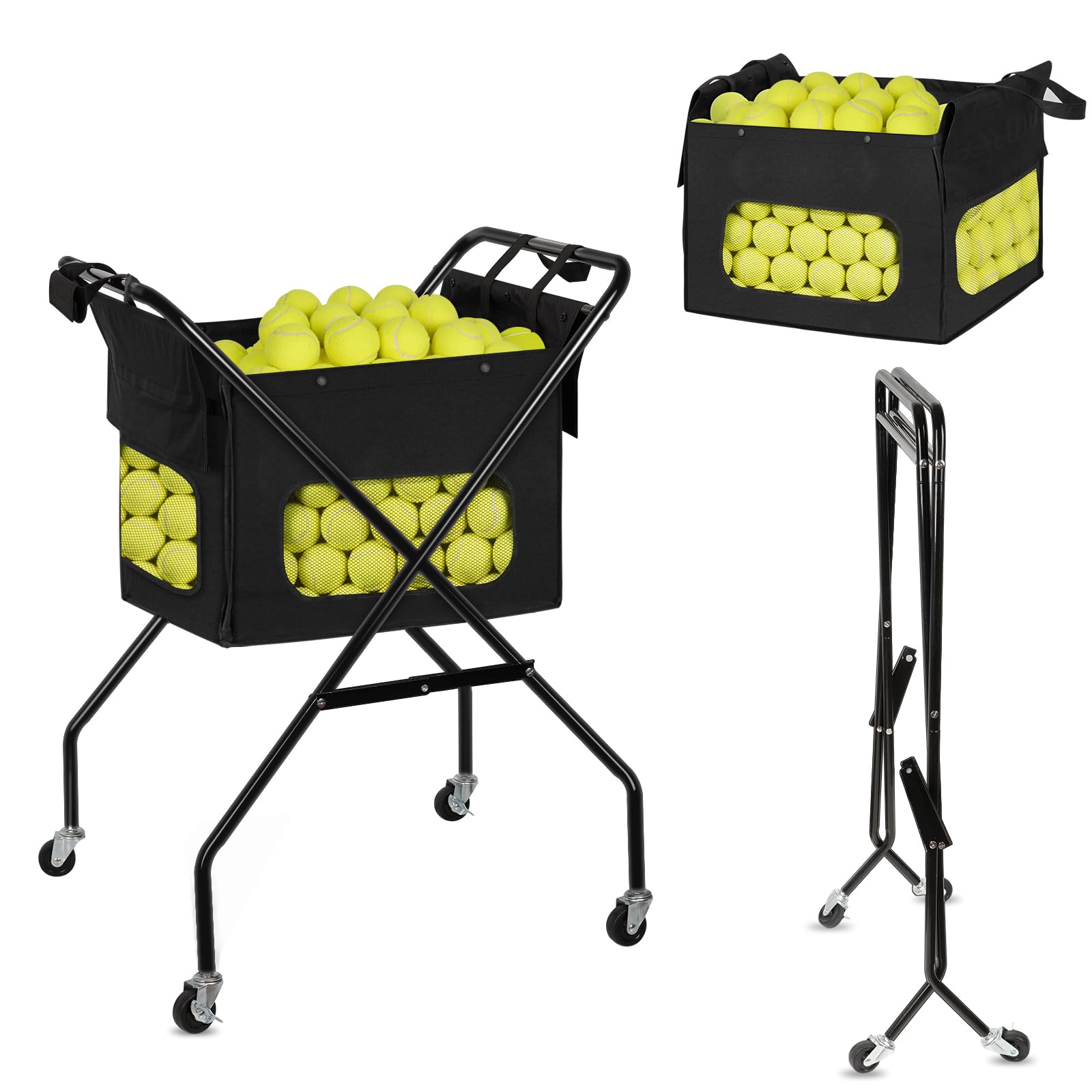 Exttlliy Pickleball Tennis Ball Hopper Tennis Basket Foldable Pickleball Ball Holder Caddy with Wheels Removable Bag Portable Tennis Ball Picker Cart Holds 170 Tennis Balls or 140 Pickleballs