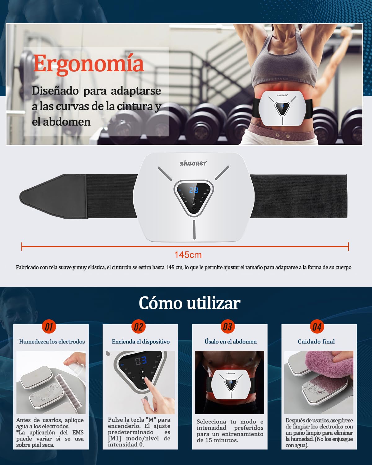 Electroestimulador Abdominal -EMS Cinturón de Entrenamiento para Hombres Y Mujeres 8 Modos Y 30 Intensidades Estimulador Muscular Abdominal para Casa Oficina Y Gimnasio