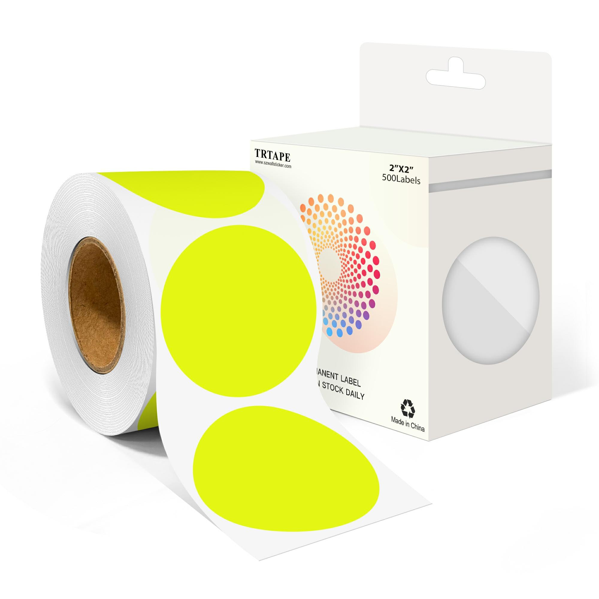 2 Inch Round Color Coding Labels (500 Count) - Fluorescent Yellow Dot Stickers Circle Labels with Dispenser Box for Warehouse, Filing, Industrial,