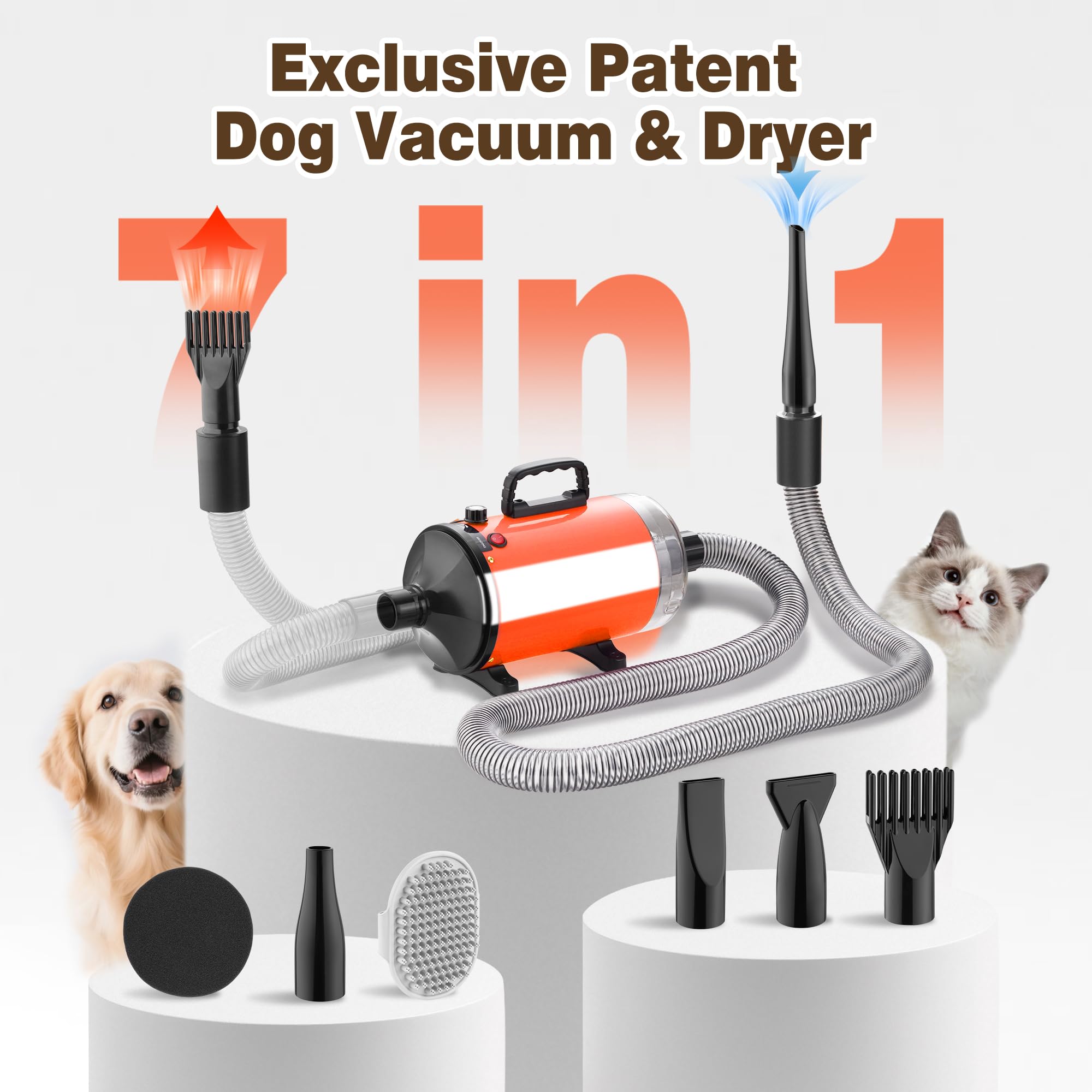 DEWINNER Pulseur pour Chien Blower 3200W, Souffleur Chien Silencieux avec Aspirateur, Animaux Vitesse et Température Réglable, avec 5 Buses différentes, 1 Tuyau élastique et Brosse d'entretien