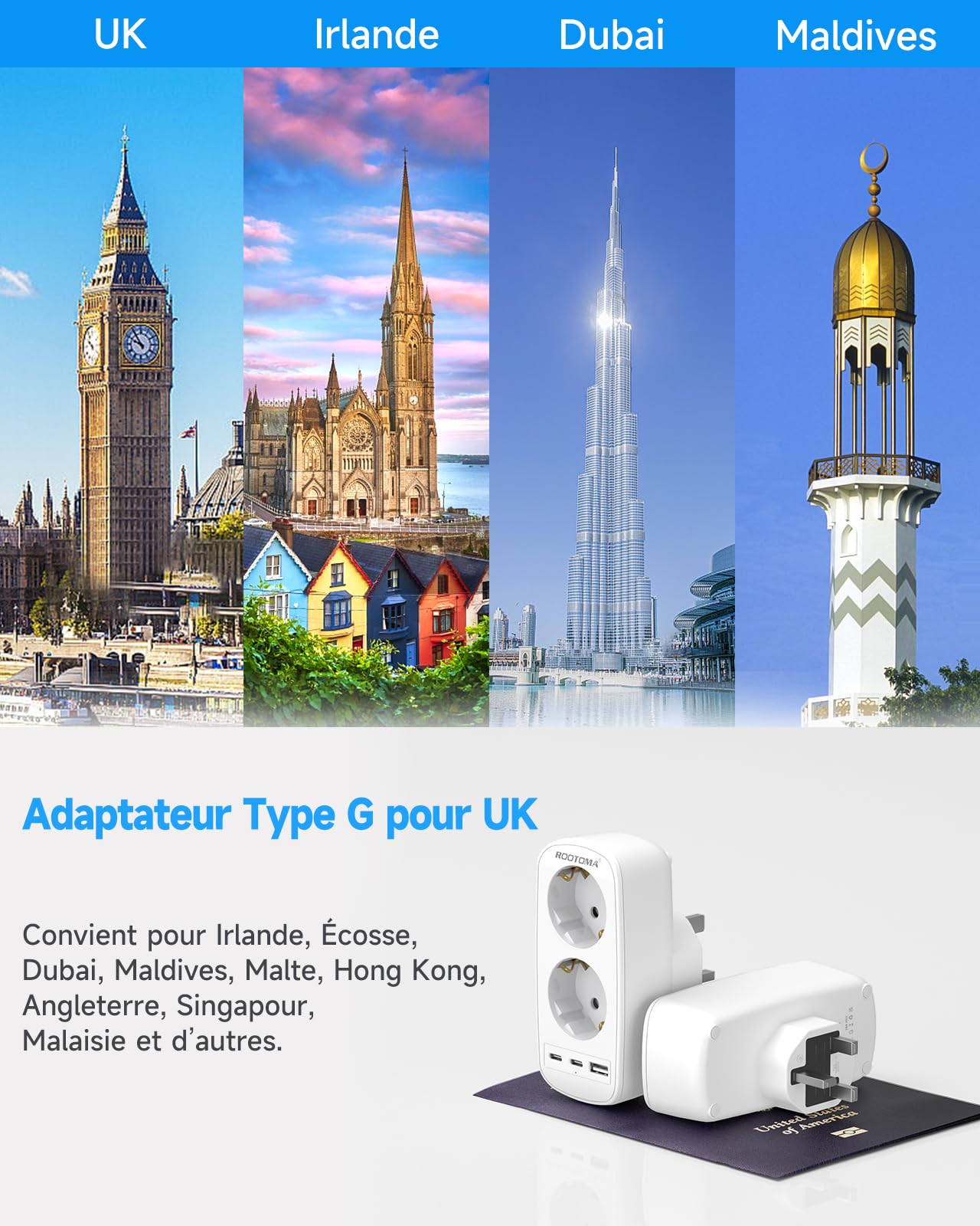 Prise Adaptateur Type G Double Prise avec 3 USB pour Angleterre, Irlande, Dubai, Maldives