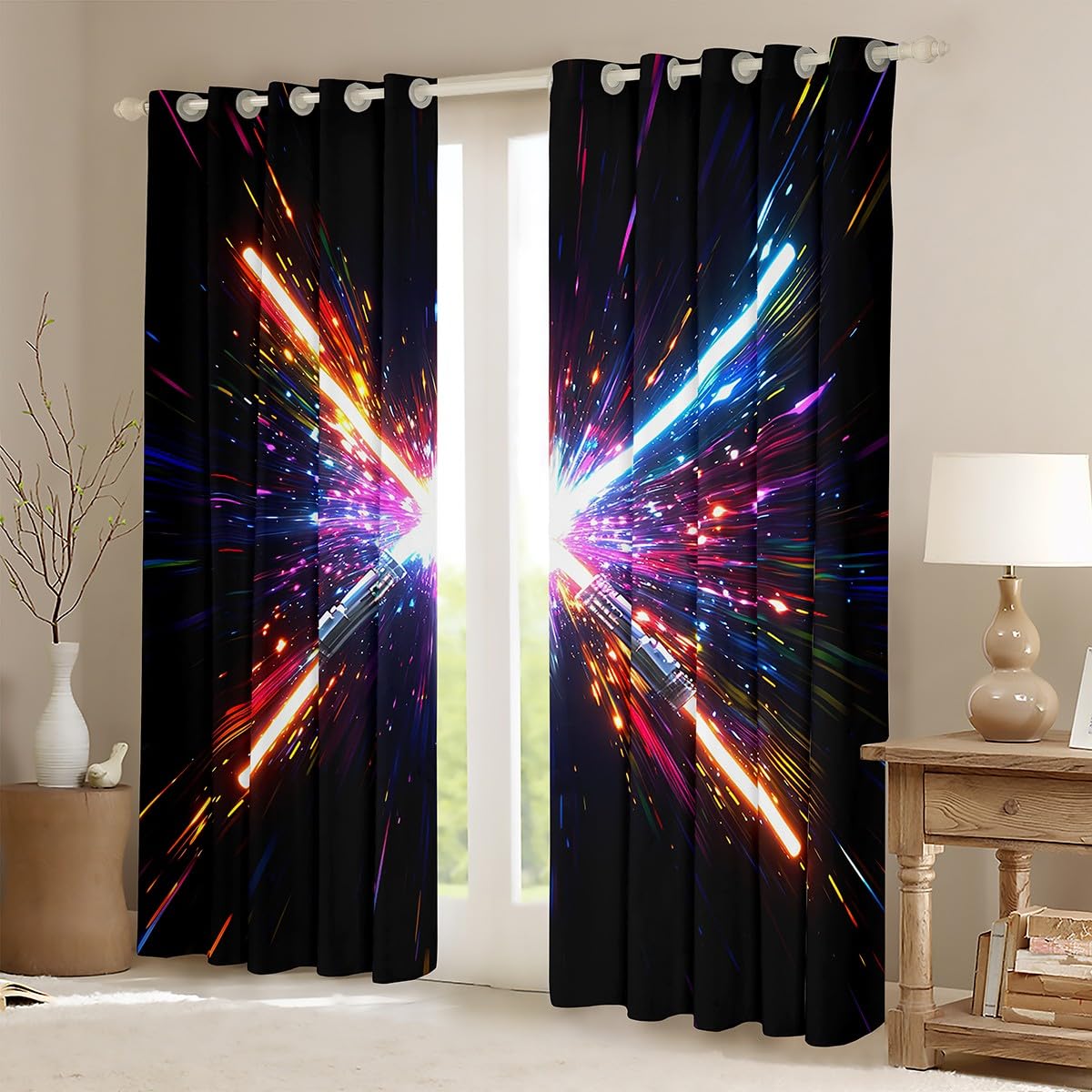 Loussiesd Tende oscuranti con stampa di luci al neon, tenda colorata con galassia, tecnologia futura, oscurante, per camera da letto e bambini, tendaggi per finestre, 116,8 x 137,2 cm (larghezza x