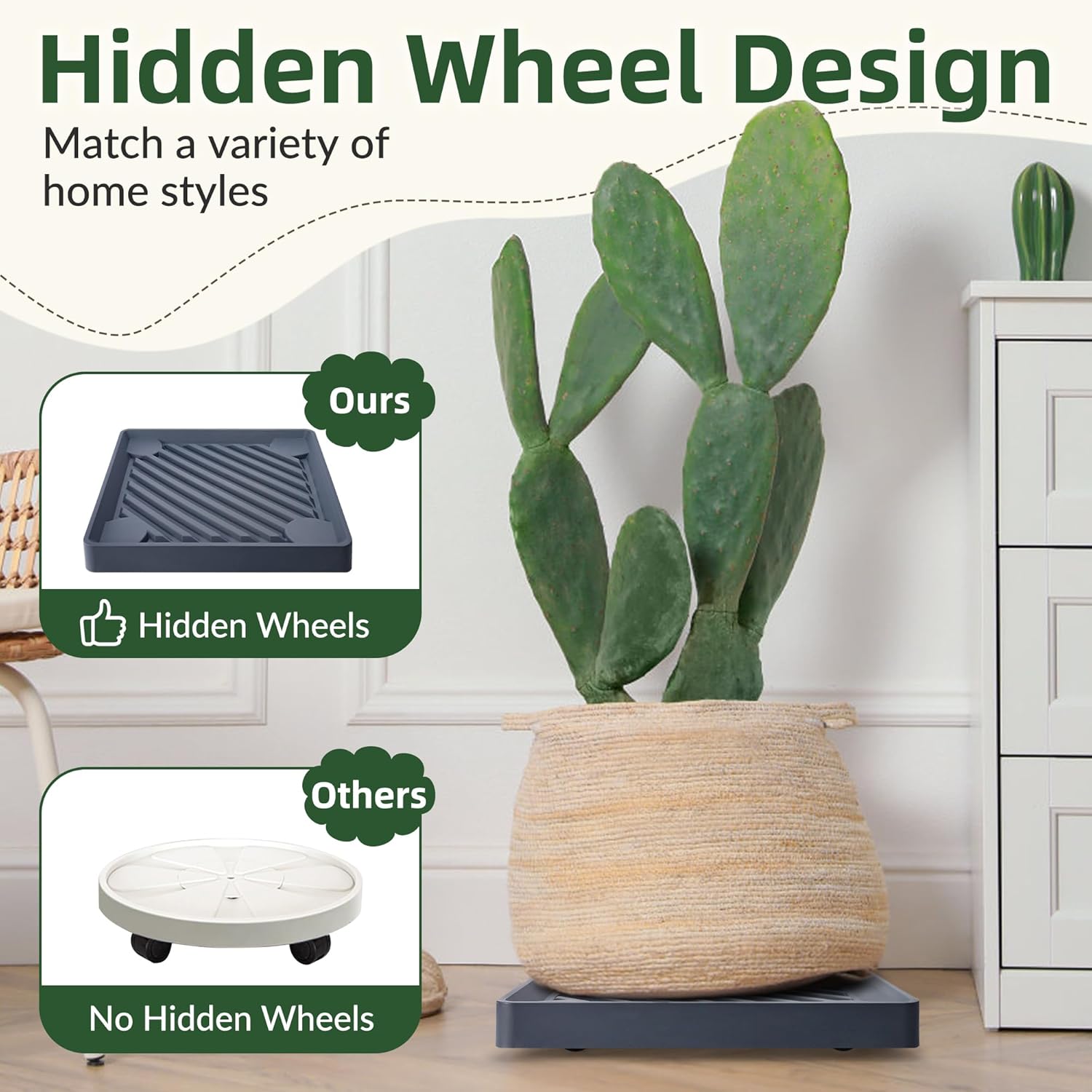 2PCS Square Plant Caddy with Hidden Wheels, Heavy Duty Rolling Plant Stand Caddy with Wheels, Pot Base for Indoor Outdoor, Gray, 14 inches