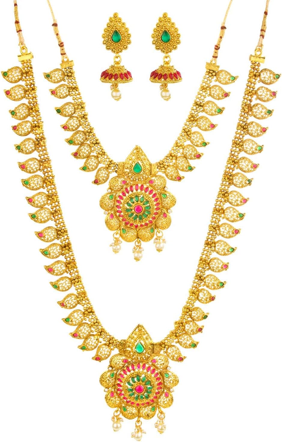 Efulgenz Indian Bridal Jewelry Sets for Women Gold Tone Traditional Long Indian Necklaces Temple Jewellery Bollywood Bridal Wedding Set of Choker Collar Dangle Earrings Jewelry